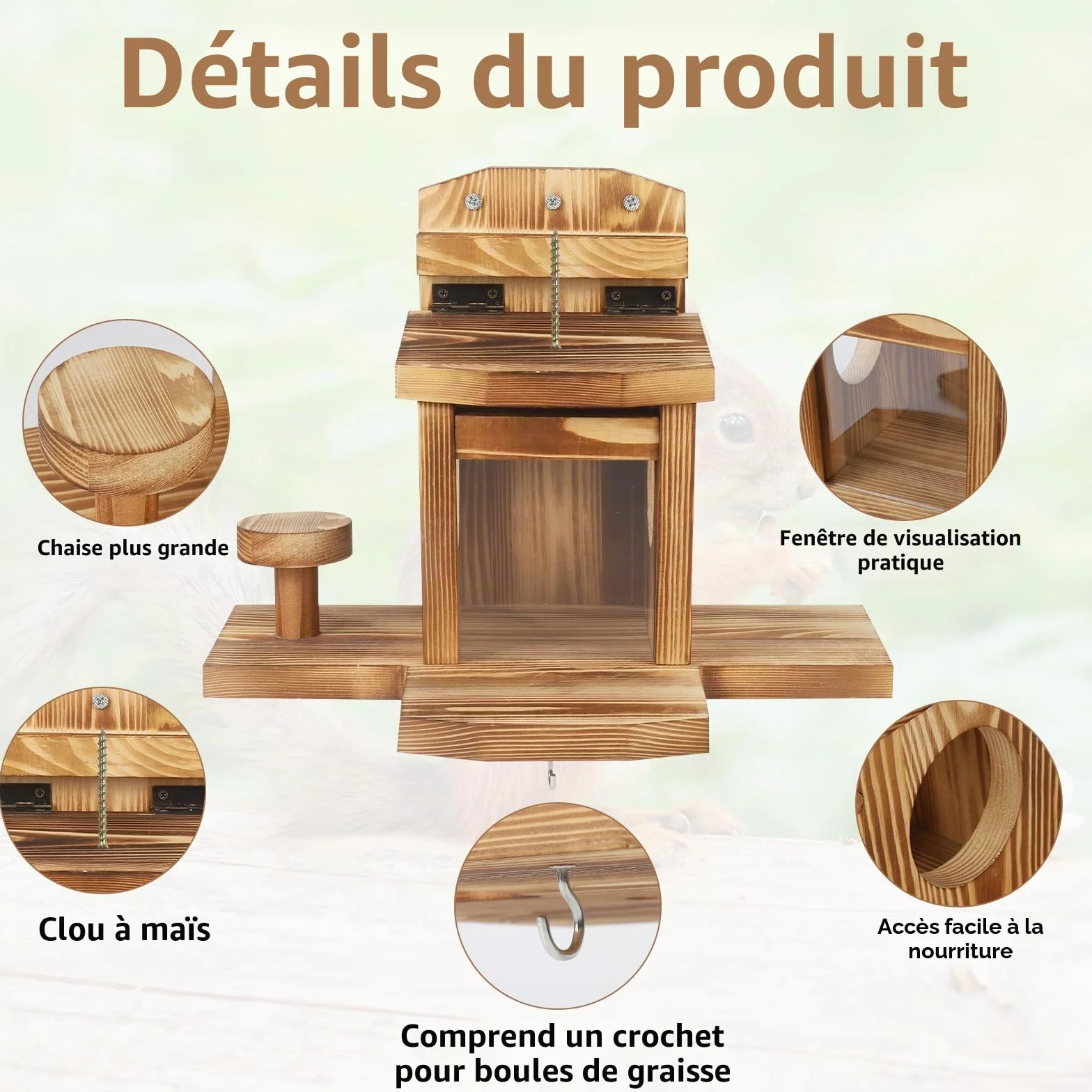 Mangeoire Écureuil Extérieur Bois, Maison Écureuil avec Toit, 2 Entrées 3 Platesformes, Résistant à l'Eau
