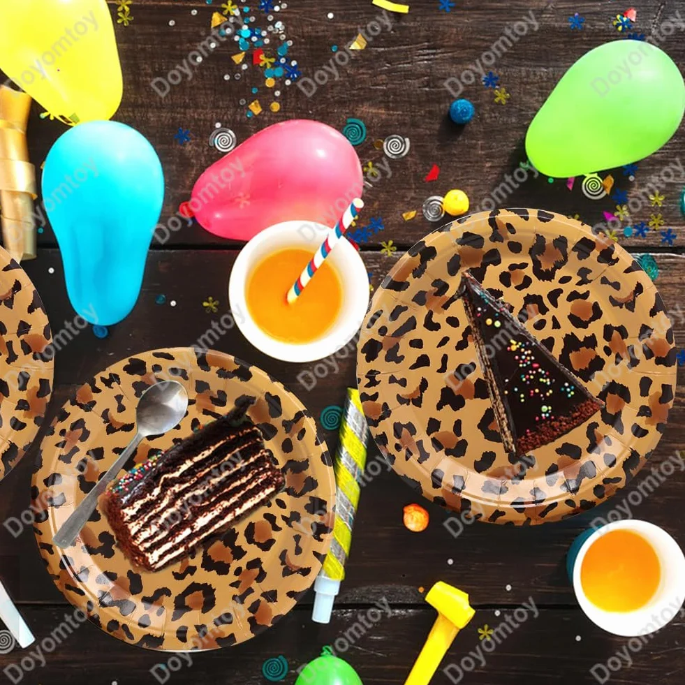 Vaisselle de Fête Léopard Anniversaire Set Assiettes en Papier Serviettes Tasses 20 Personnes