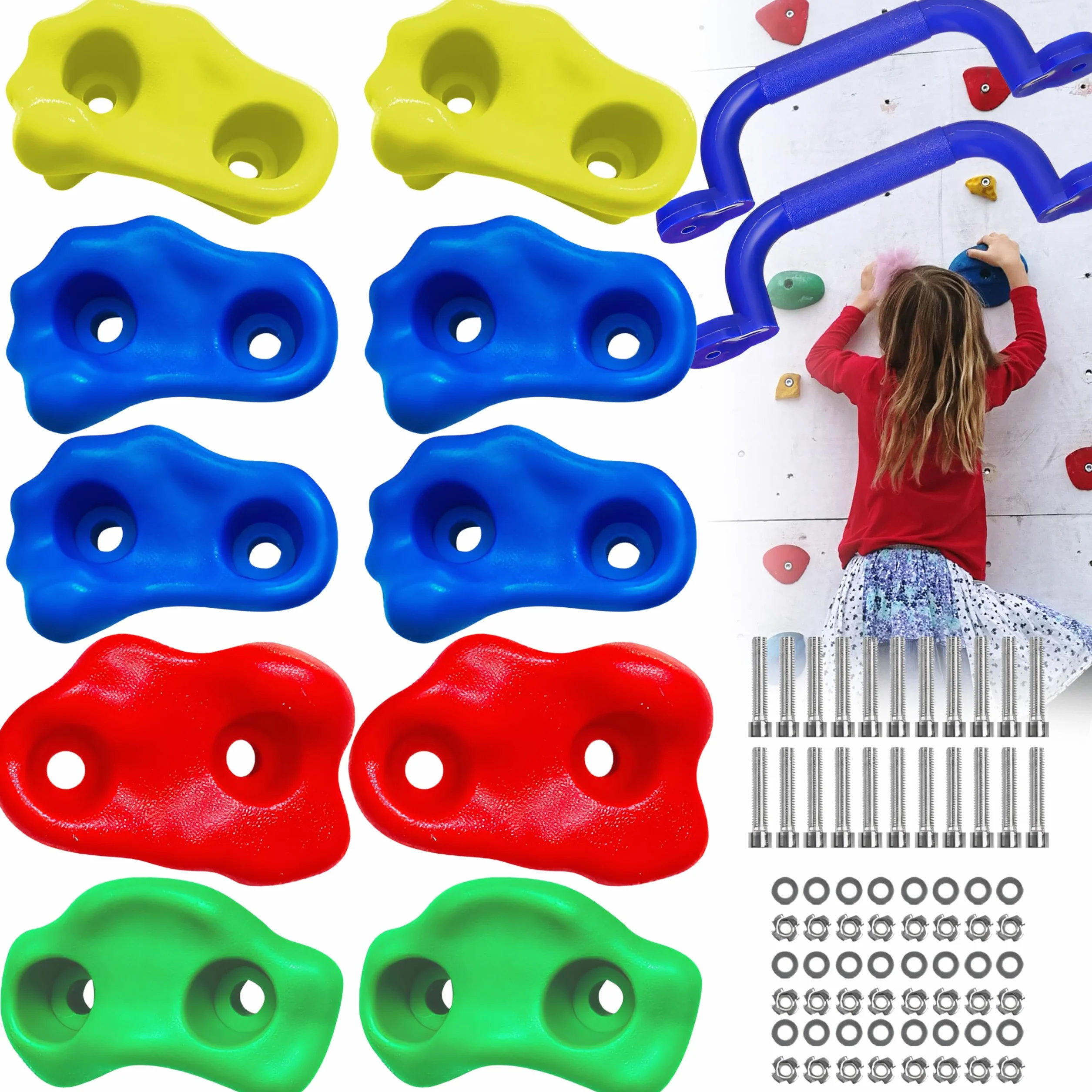 Retoo Prises d'escalade pour Enfant, set pour mur d'escalade extérieur & intérieur, 10 pierres d'escalade + 2 poignées de maintien avec fixation résistant jusqu'à 100kg plastique robuste, pour enfants