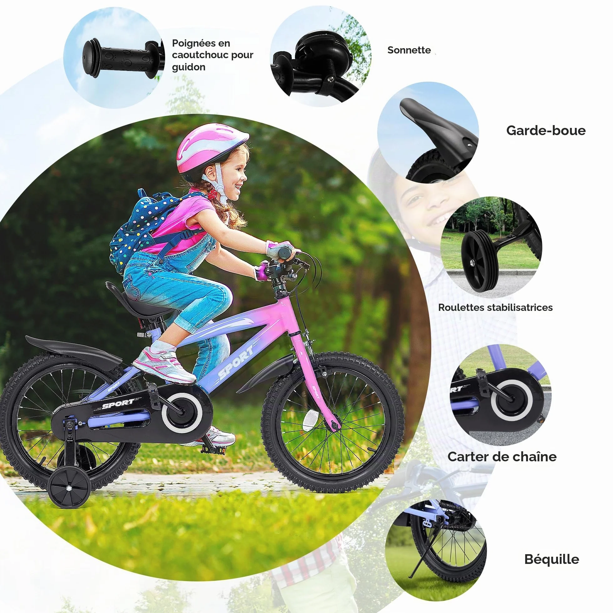 BODIOO Vélo enfant 16 pouces pour garçons et filles avec siège réglable, roues stabilisatrices, frein à main, frein à rétropédalage et cadre stable pour conducteurs de 104 à 117 cm (dégradé de violet)