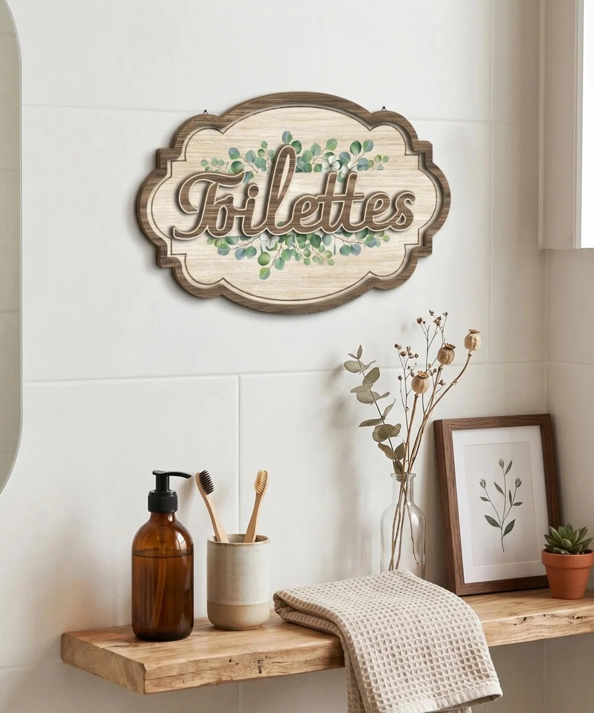 Plaque Murale Toilettes Eucalyptus Décoration Style Rustique MDF Salle de Bain