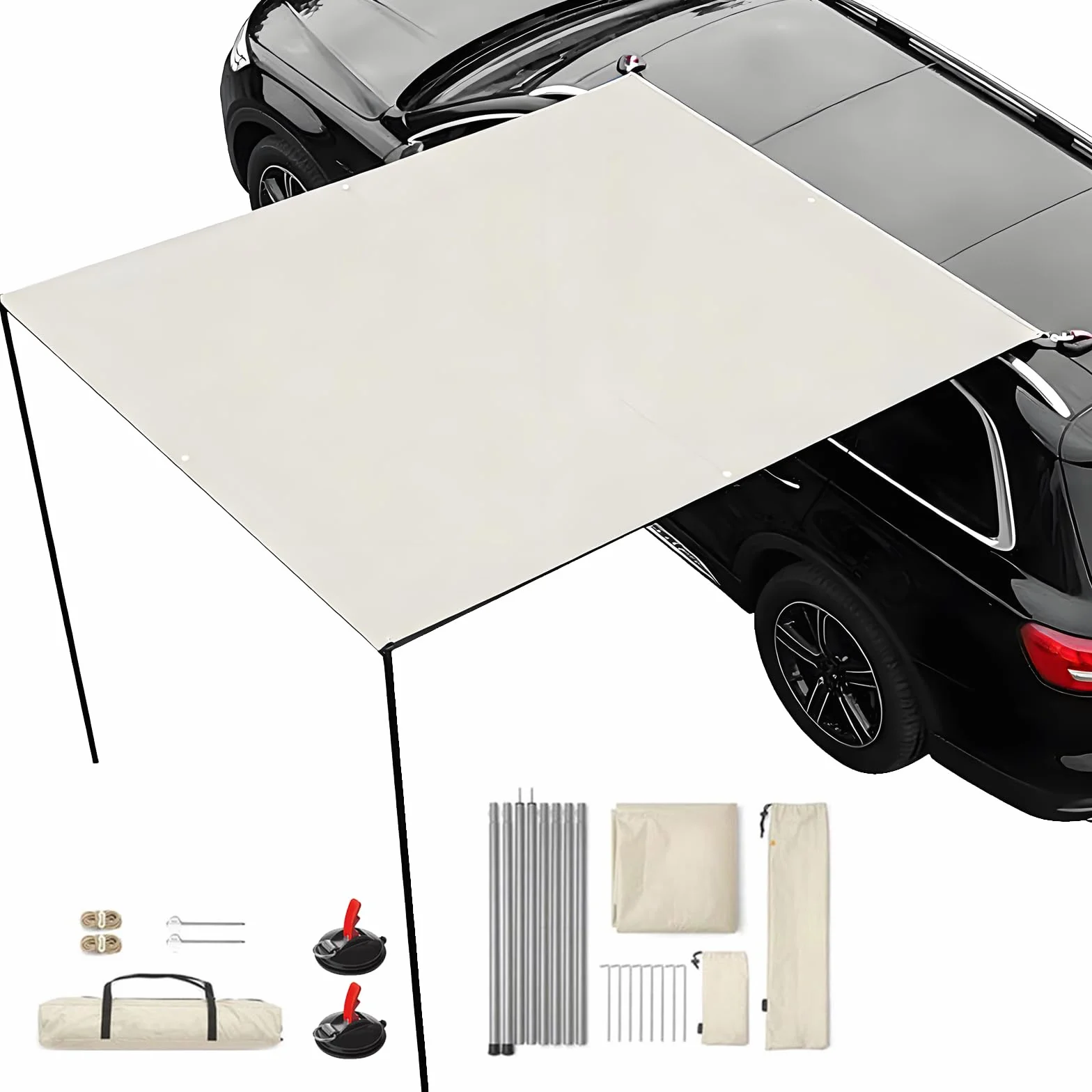 Kit de Auvent Voiture Rétractable, 200x300cm, avec 2 Poteaux, 8 Câbles de Haubanage, 8 Sardines, 2 Ventouses, Sac de Rangement et Sac de Transport, UPF50+, PU3000+, pour Aventures (Blanc)