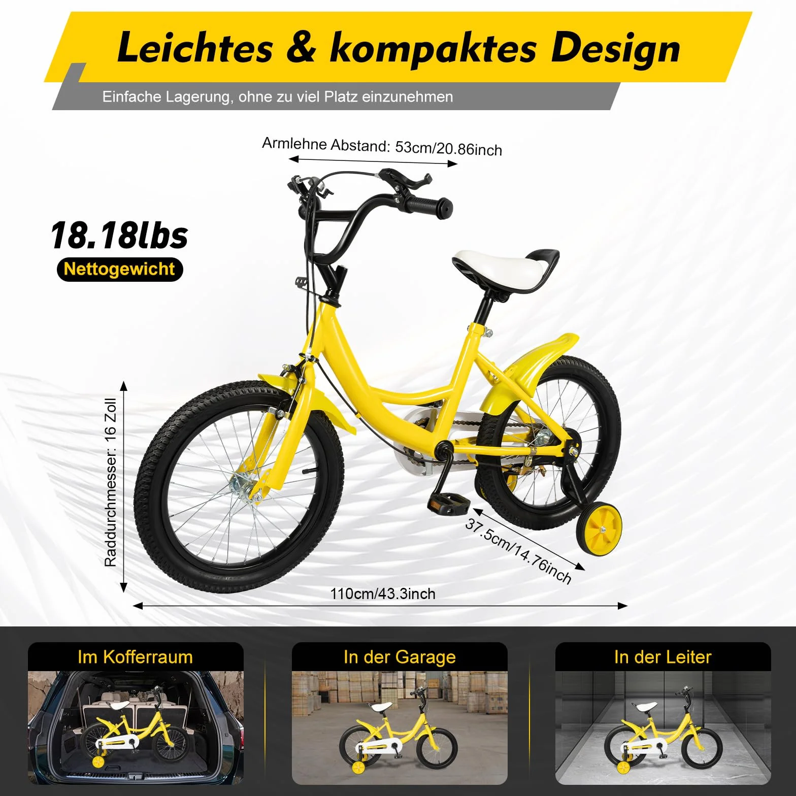 Vélo pour enfant de 16 pouces à partir de 5 à 8 ans - Vélo jaune avec garde-boue et frein avant et arrière combinés, en acier au carbone de qualité supérieure