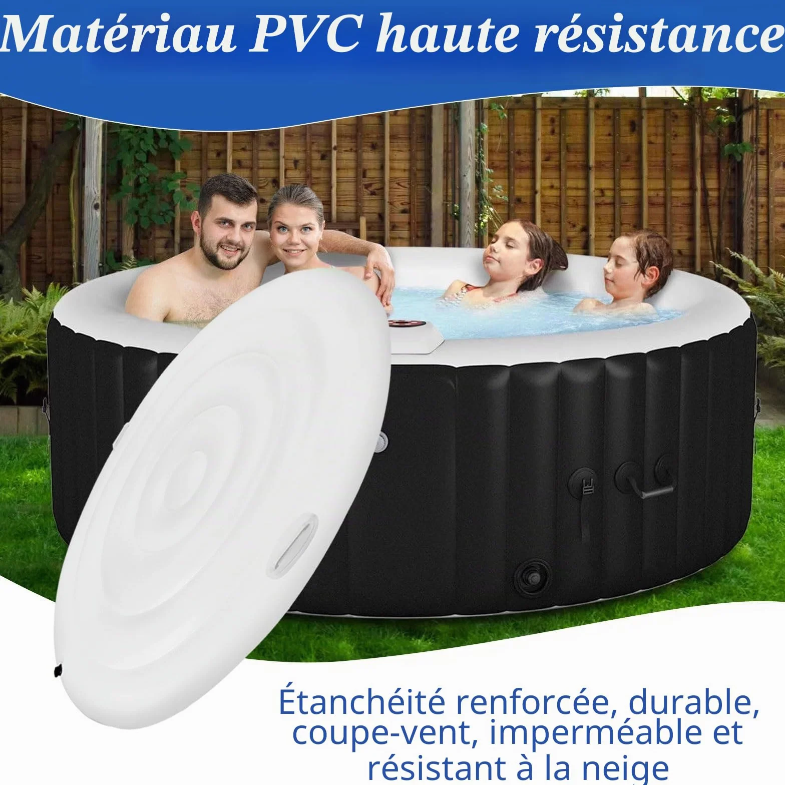 Couvercle de Bain à Remous 138cm PVC Couverture Spa Gonflable Isolation Thermique Pliable Rond Extérieur