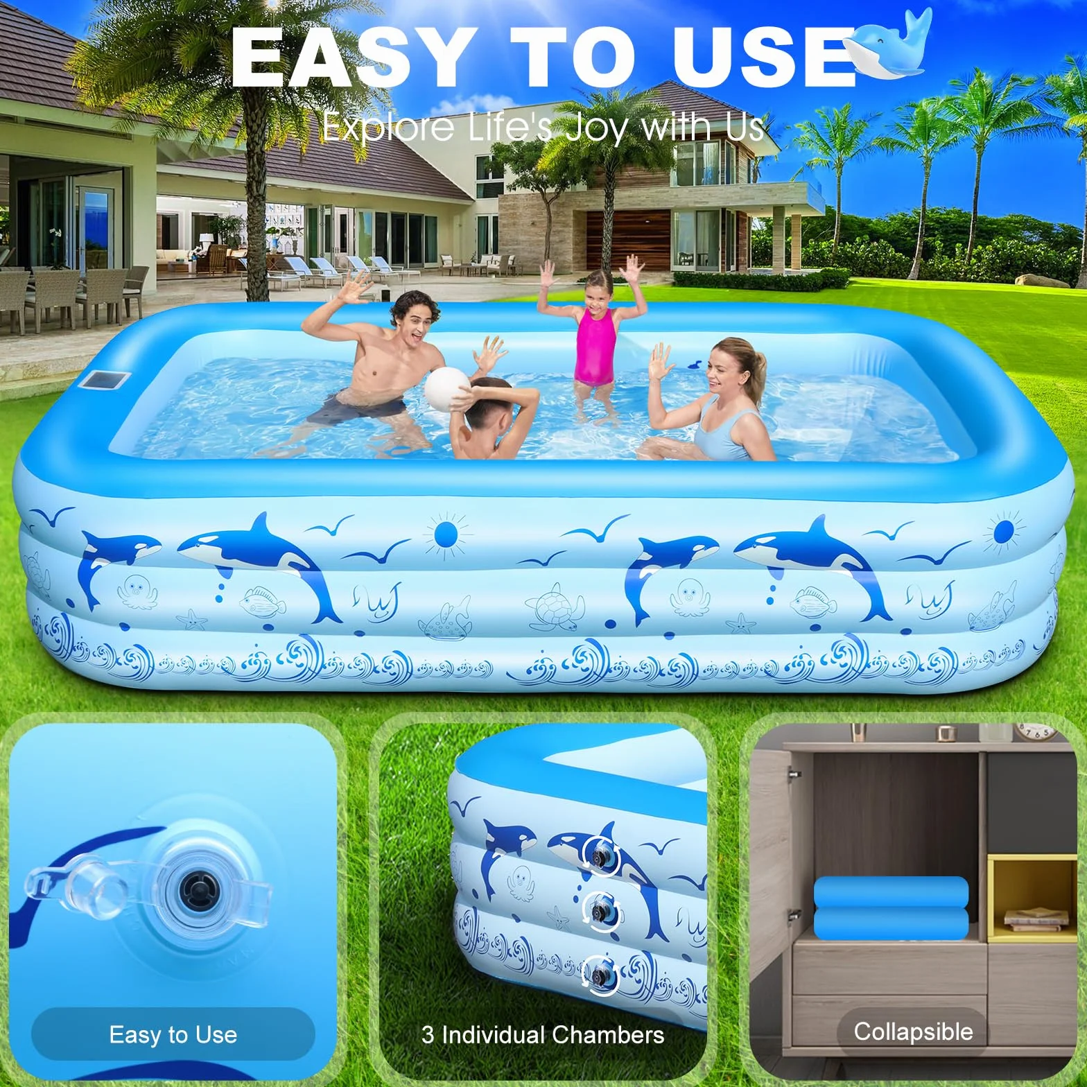 Piscine Gonflable Adulte avec Lumières 12 Modes, 240x150x55cm LanOcean