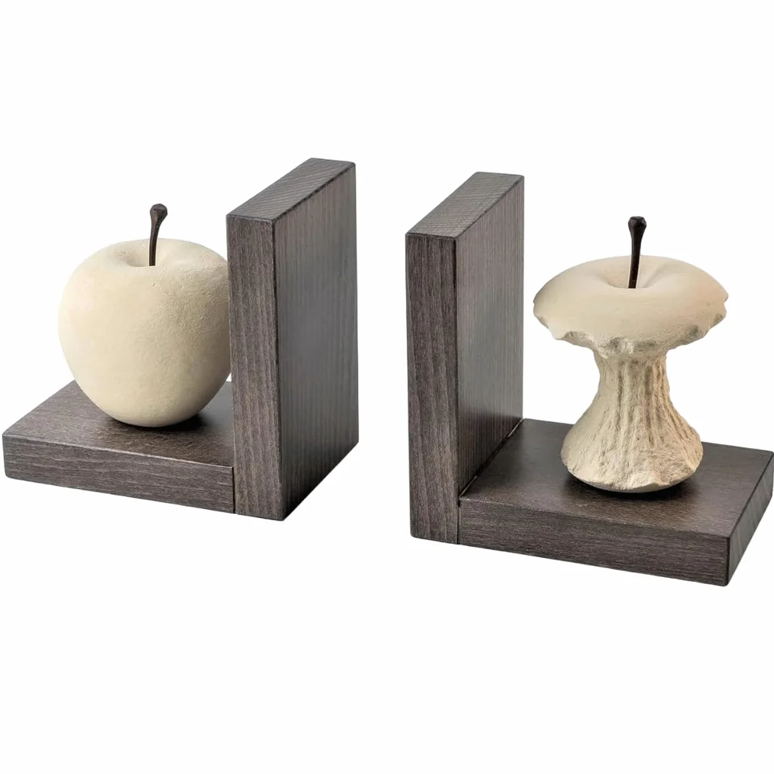 Progetto Arte Paire Serre-Livres Pomme Mangée Sculpture Pierre Base Bois Fait Main