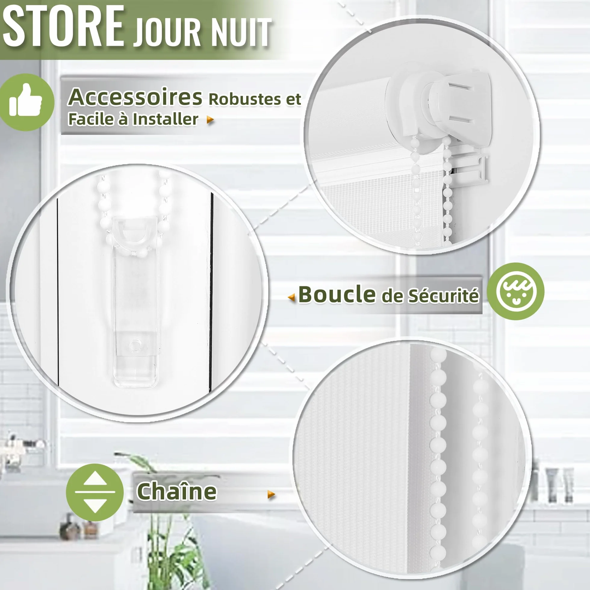 Enrouleur Jour Nuit sans Perçage Double Tissu Rideau Occultant 40x150 cm Blanc