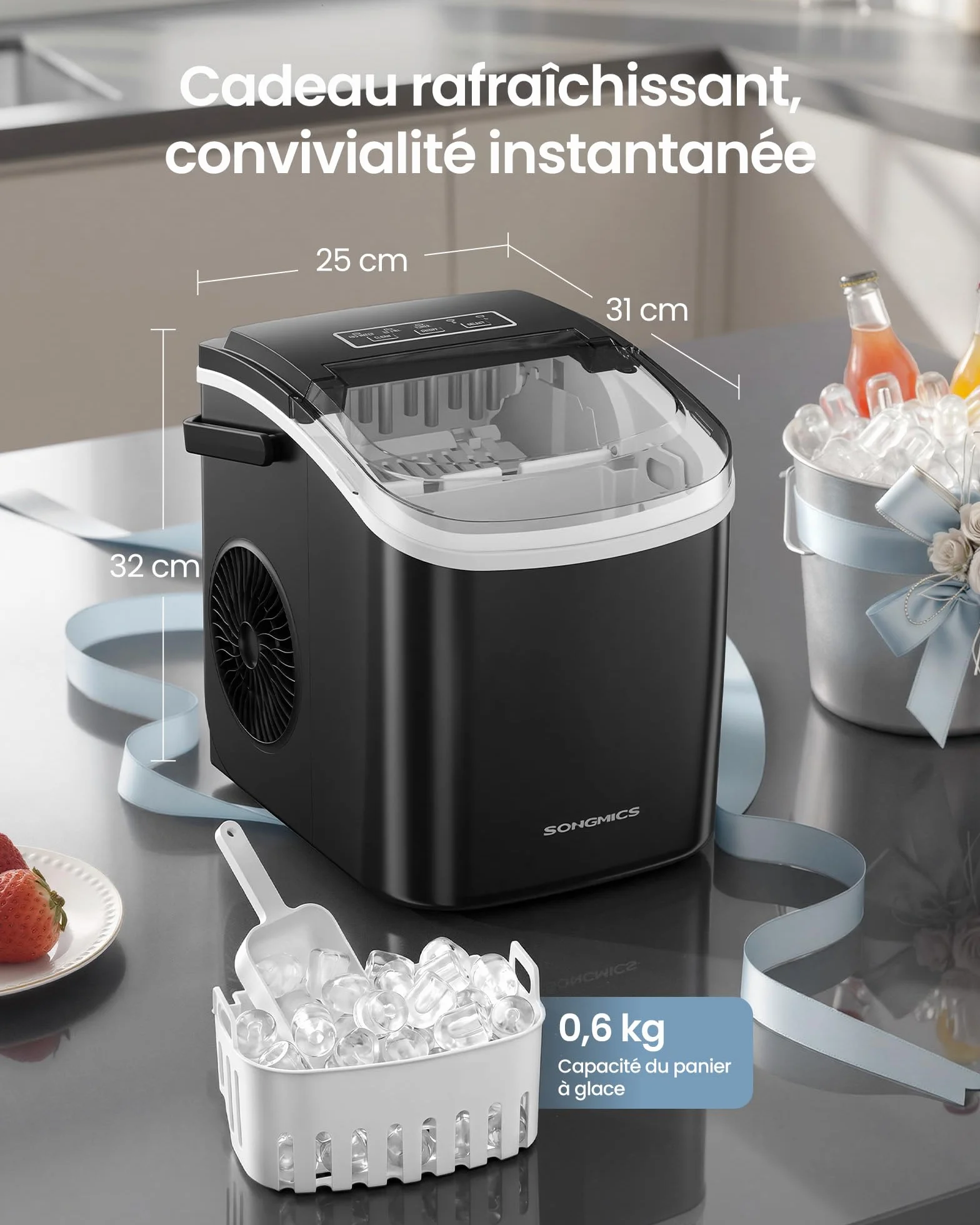 SONGMICS Machine à Glaçons de Comptoir, Auto-Nettoyage, 9 Glaçons en 6 Min, 2 Tailles, 12 kg/24h, Portable, Noir