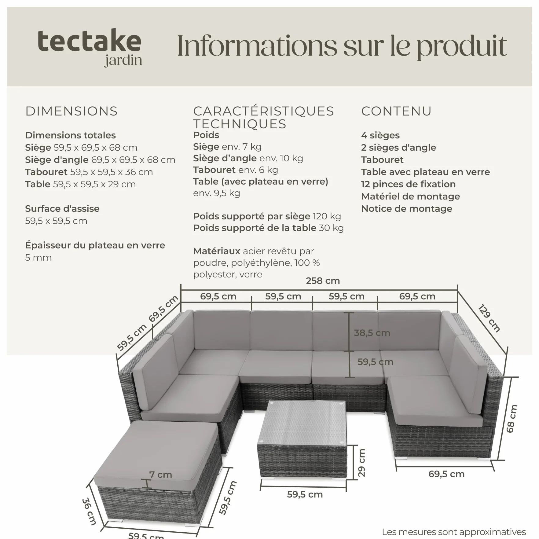 Tectake Salon de Jardin en Rotin Modulable, Canapé Ensemble 6 Fauteuils 1 Tabouret Pouf 1 Table Gris