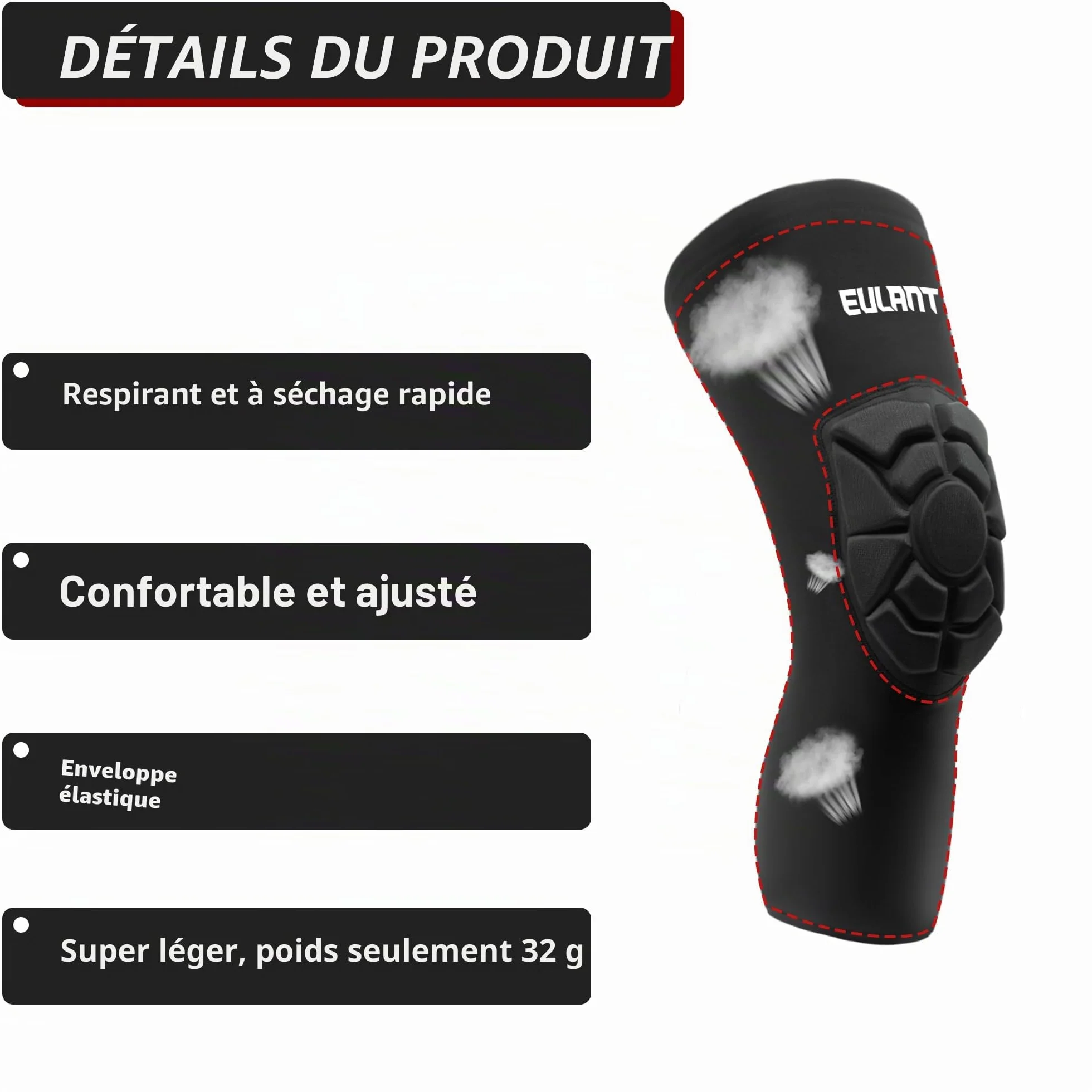 EULANT Elastique Genouillère VTT, Souple Epais Rembourré Protege Genoux pour Volleyball Handball Football Basket Skate Yoga Hip Hop Danse Patinage