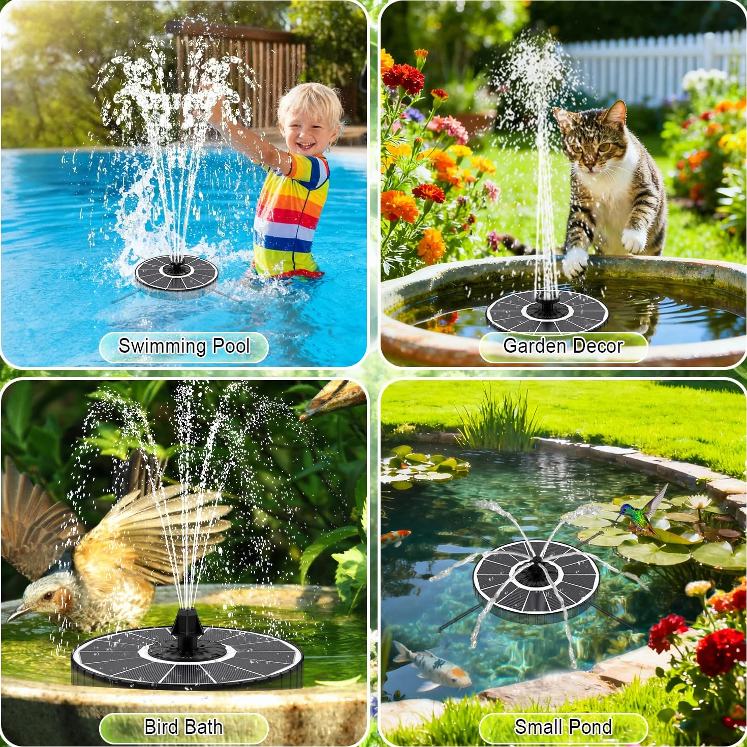 Fontaine Solaire Extérieure Flottante 3.5W Pompe Bassin Jardin 3 Hauteurs Jet 8 Buses 4 Tiges Rotative