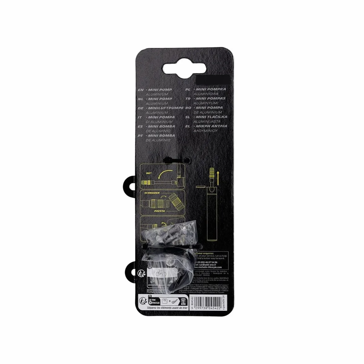 MICHELIN - Mini Pompe Aluminium Micro+ - Compatible Presta et Schrader - Ultra Légère 53g - Compacte 12,7 cm - Pression Max 8 Bars/120 PSI - Clip de Montage Inclus