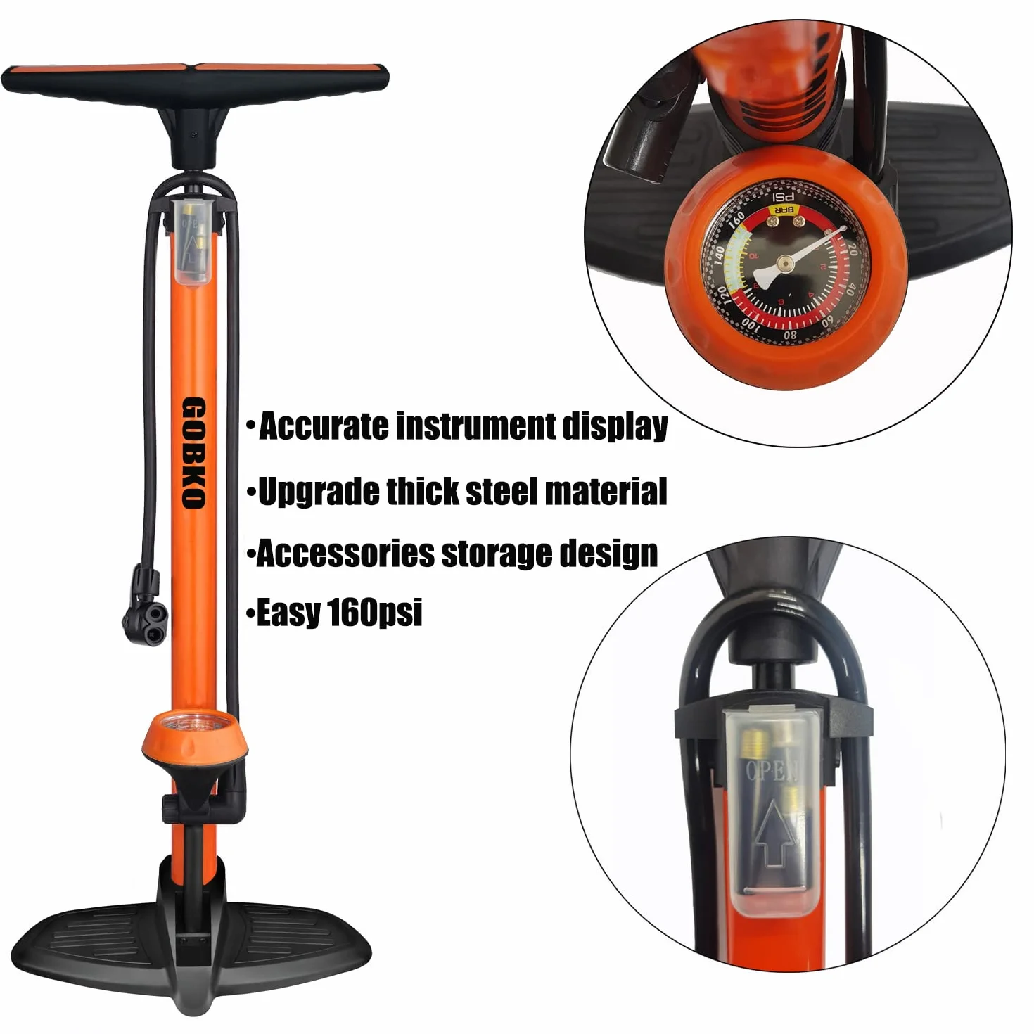Pompe à Pied pour vélo GOBKO, Pompe à air au Sol, Pompe à vélo avec Grand manomètre pour Affichage de la Pression, Double tête adaptée à Toutes Les vannes