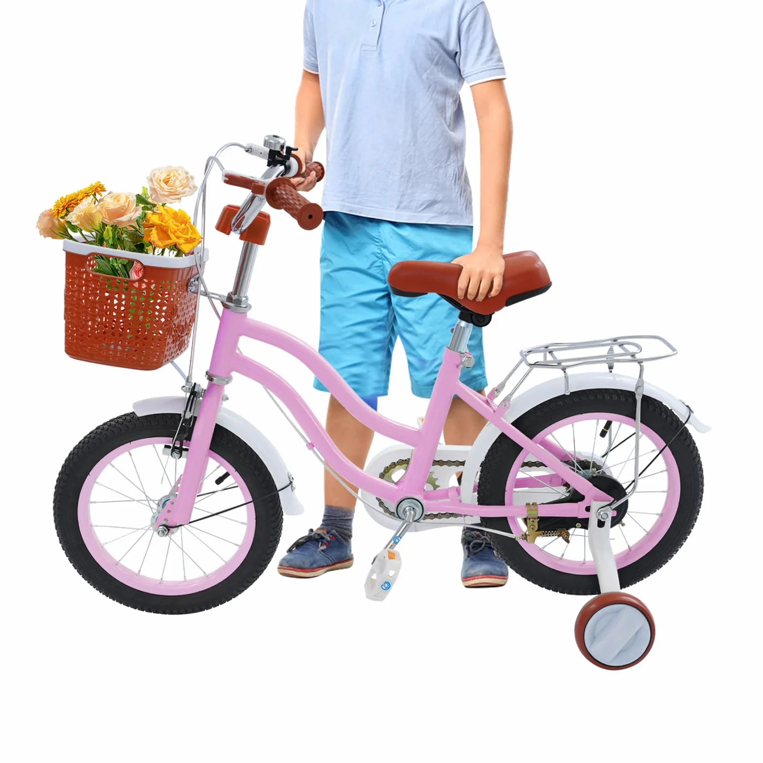 Vélo enfant de 14 pouces, avec roues stabilisatrices et panier en rose, pour garçons et filles de 3 à 7 ans, siège réglable en hauteur, système de freinage double, idéal pour l'entraînement au