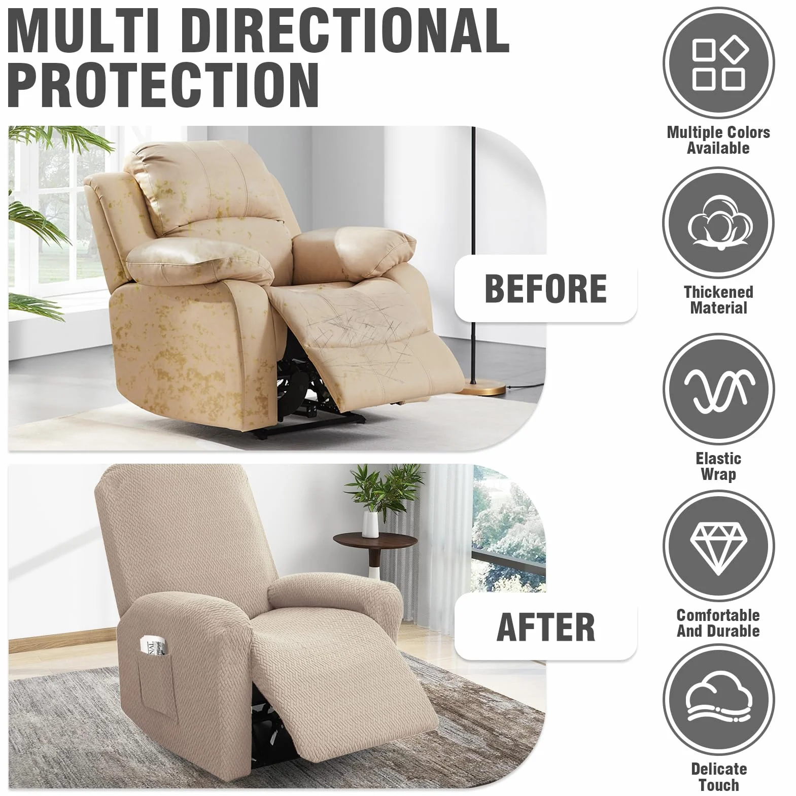 Housse Fauteuil Relax 1 Place Extensible avec Poches Jacquard Rayé Taupe 4 Pièces