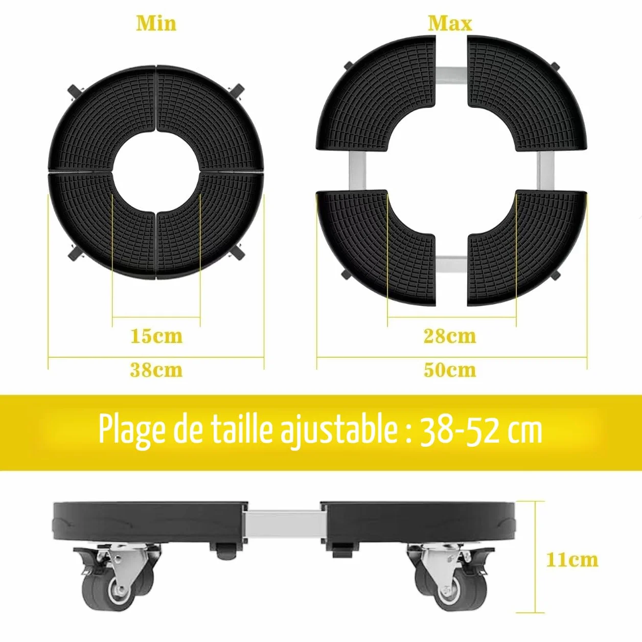Porte Plante à Roulettes Réglable Ø38-59cm, Chariot pour Plantes d'Extérieur Capacité 200 kg, Support Plante Noir avec Roues 360°