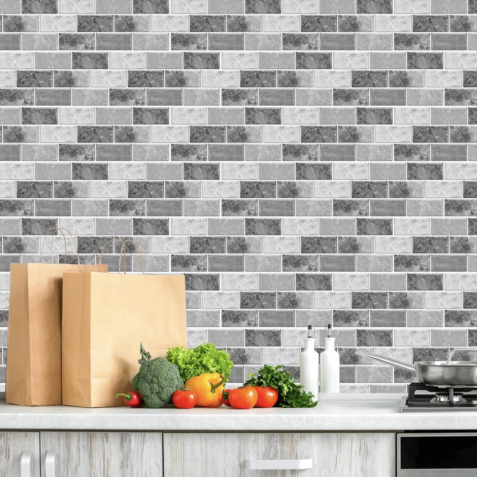 Hode Credence Adhesive Cuisine Pierre Grise 12 Pièces Carrelage Adhesif Mural Imperméable 15x30 cm