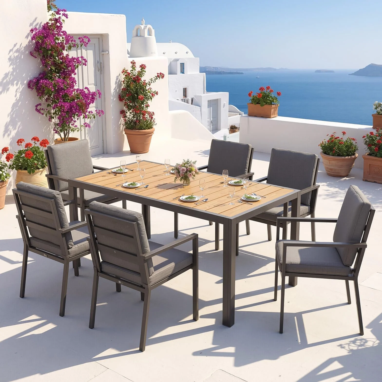 JUMMICO Table de Jardin Extérieur 150x80cm Aluminium Aspect Bois Antirouille Imperméable