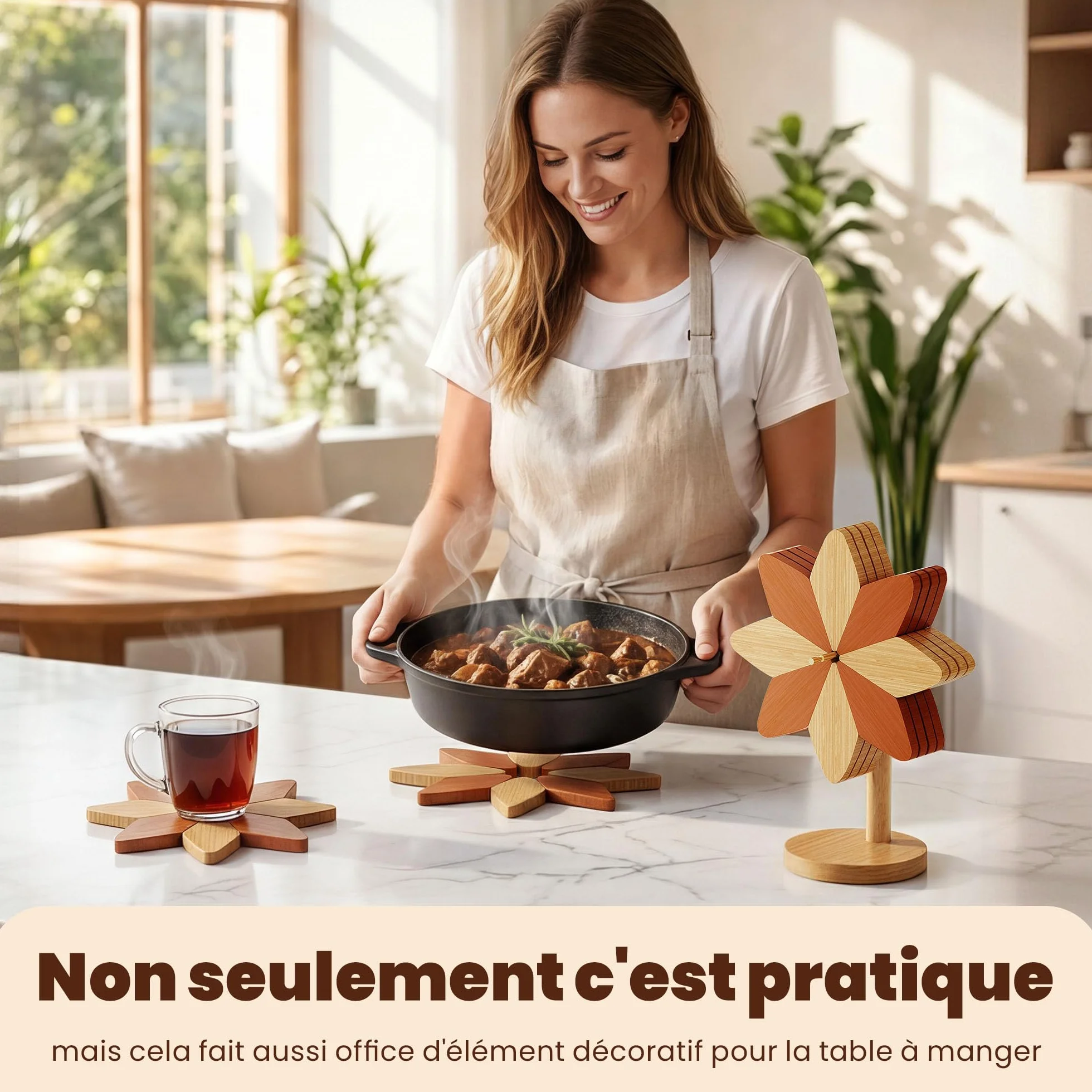 Dessous de Plat Isolé en Bois et Bambou Marron Beige 15cm Résistant Plats Chauds Décoratif Pratique