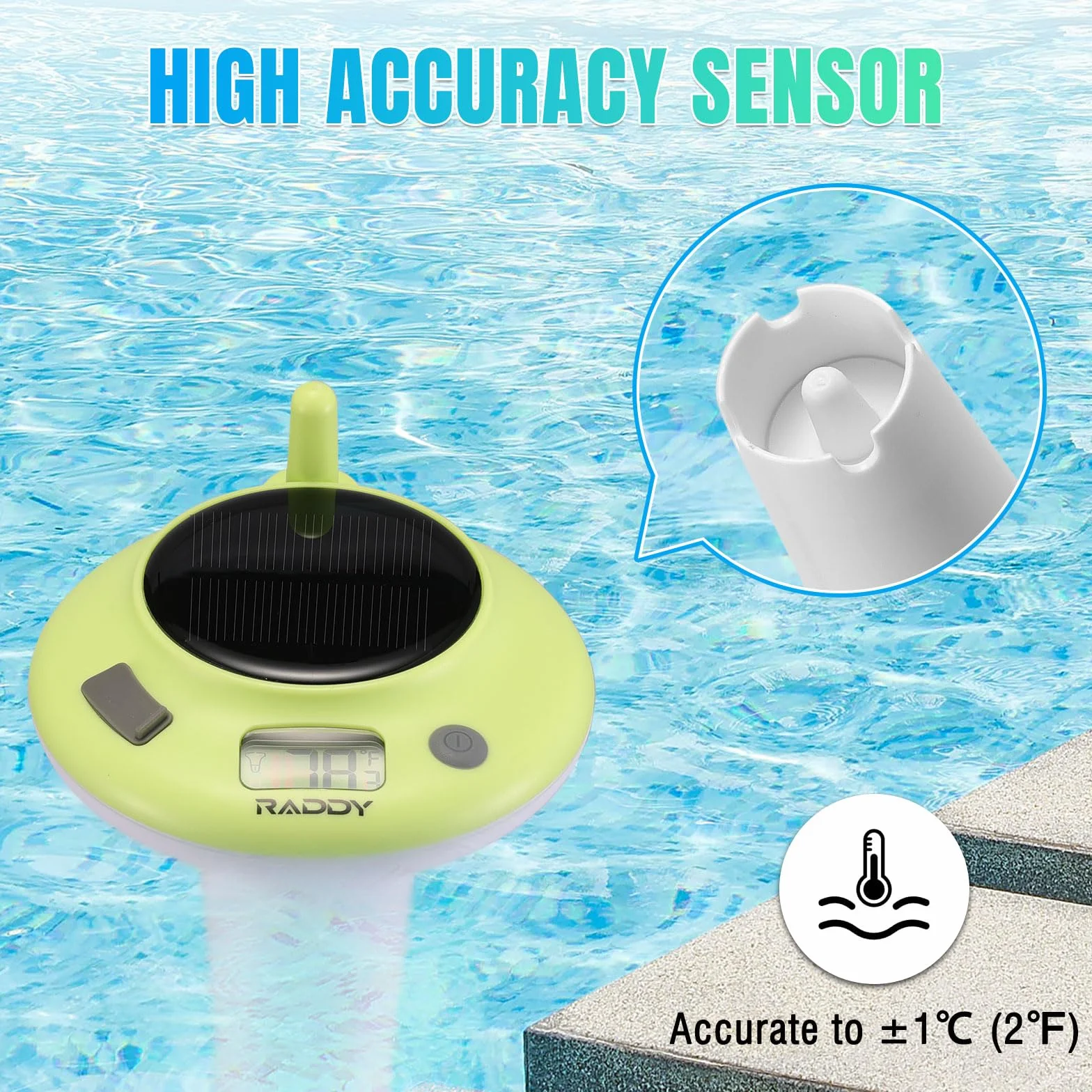 Raddy PT-5 Thermomètre piscine solaire flottant IPX8 affichage numérique