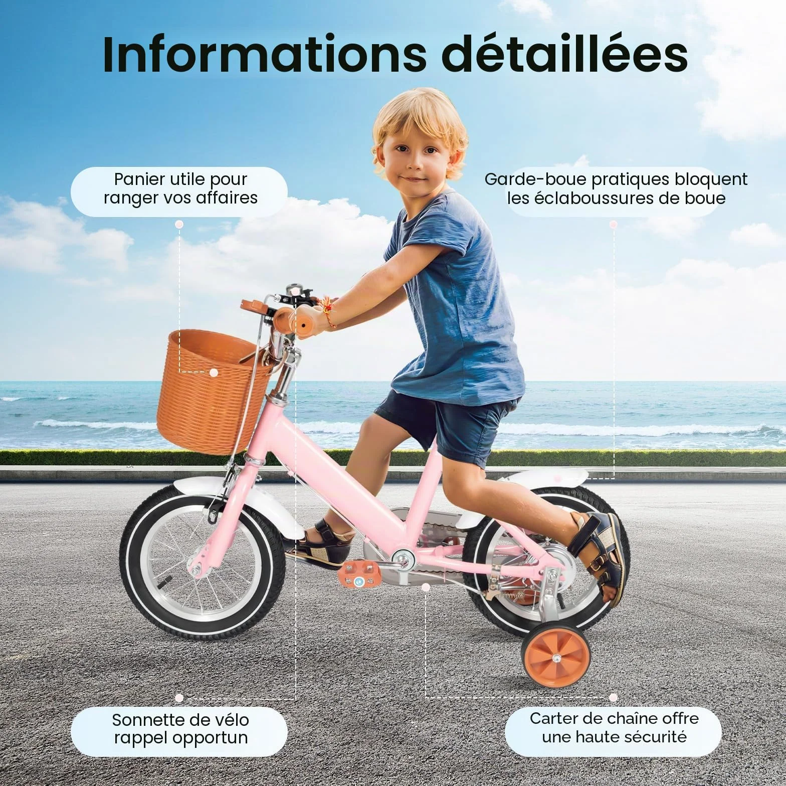Vélo pour enfant de 12 ", vélo pour enfants à partir de 3 ans, vélo pour enfants avec panier et roues stabilisatrices, siège et guidon réglables en hauteur