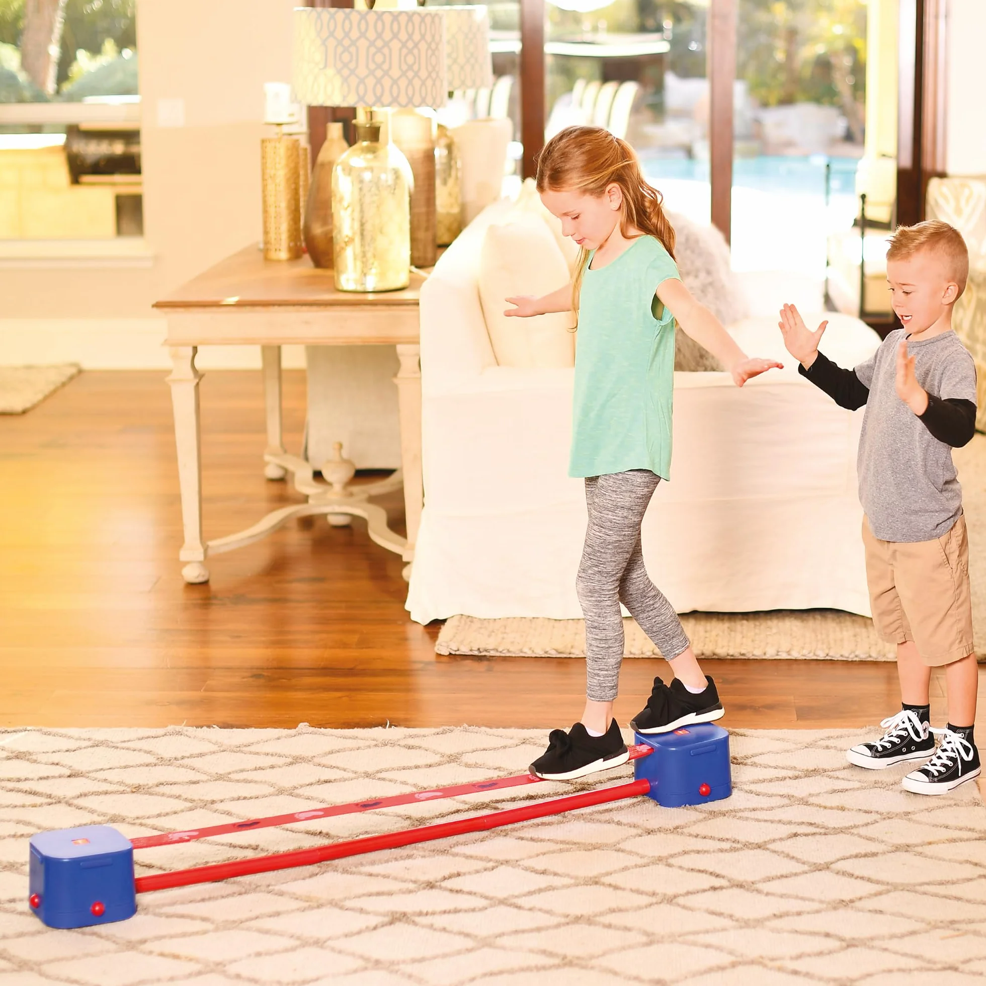 Slackline pour Enfants, Développer l'Équilibre et la Coordination, Bleu et Rouge