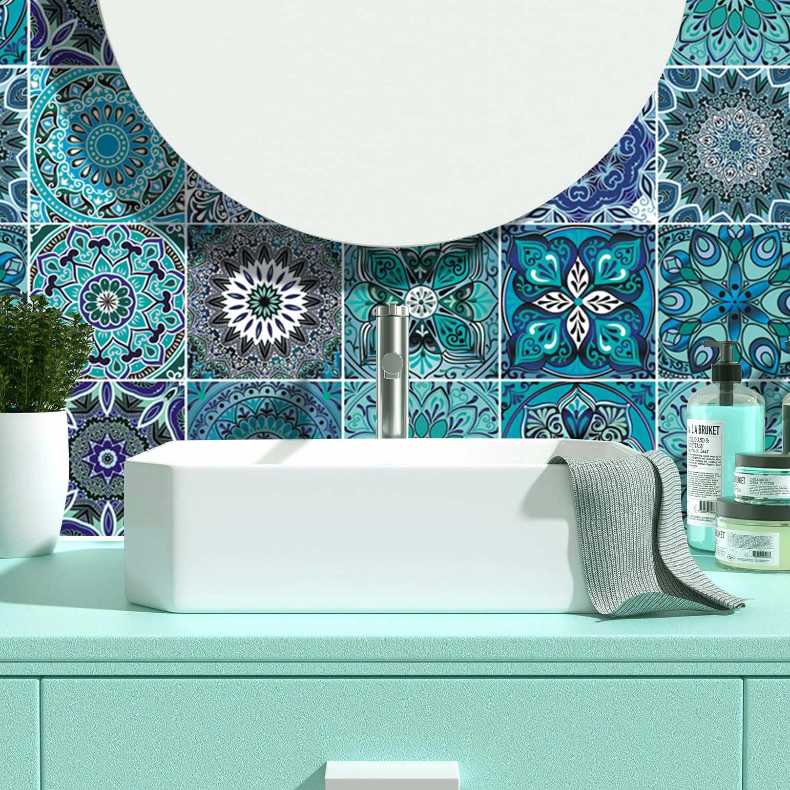 Carreaux Autocollants Décoratifs Bleu Mandala 15x15cm Lot de 24 Stickers Carrelage Imperméables PVC Cuisine Salle de Bain
