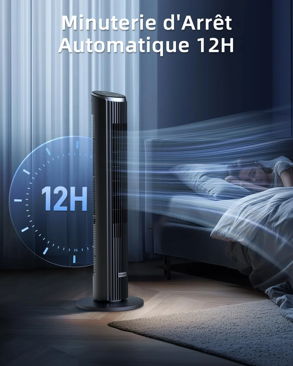 Ateroll Ventilateur Colonne Silencieux 91cm Oscillant 90° Télécommande 4 Vitesses 3 Modes Minuterie 12H Écran LED