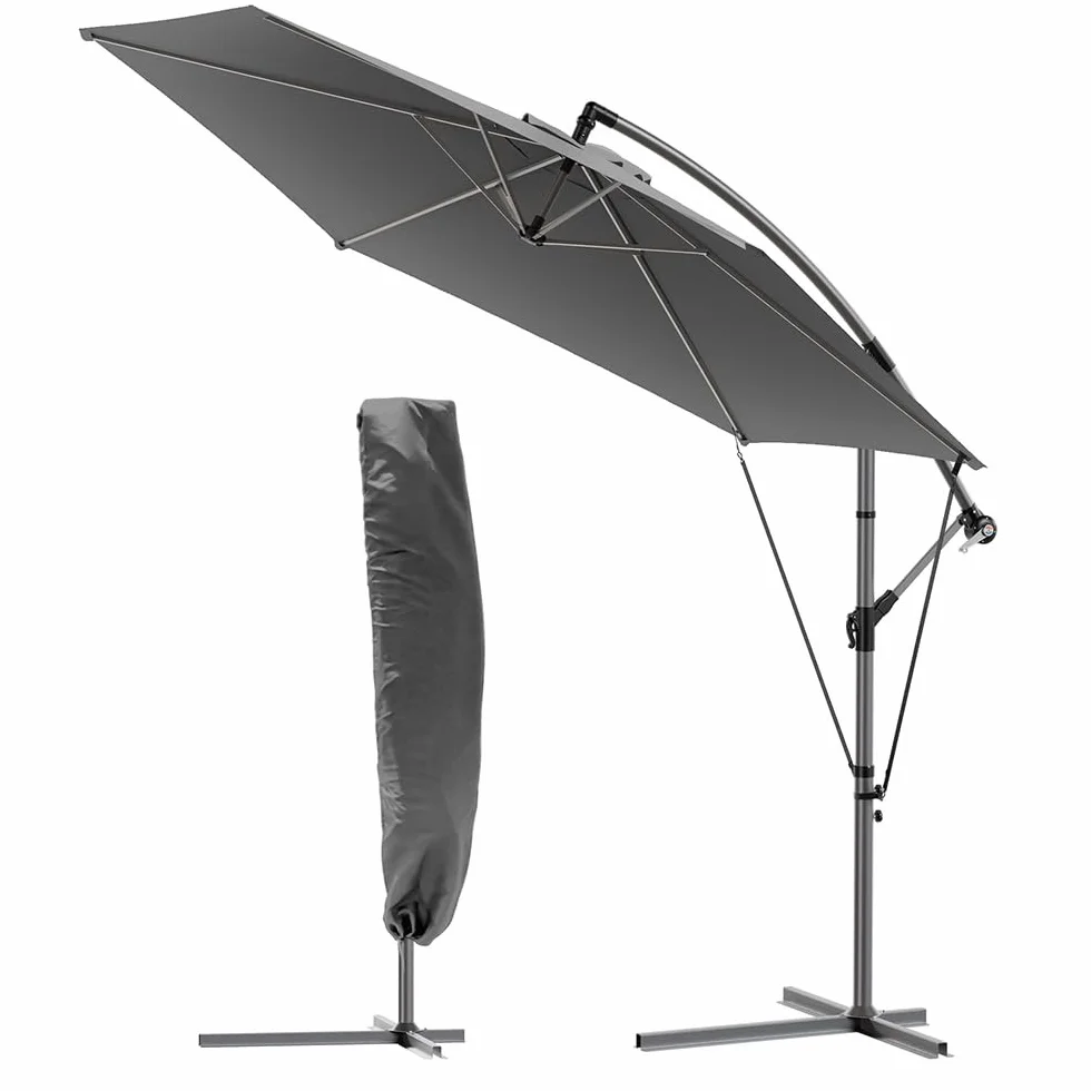 Parasol Déporté Hexagonale 3M Anti-Retour Inclinable Toile 180gr/m2 Anti UV 6 Baleines Acier H235cm Gris Housse Protection