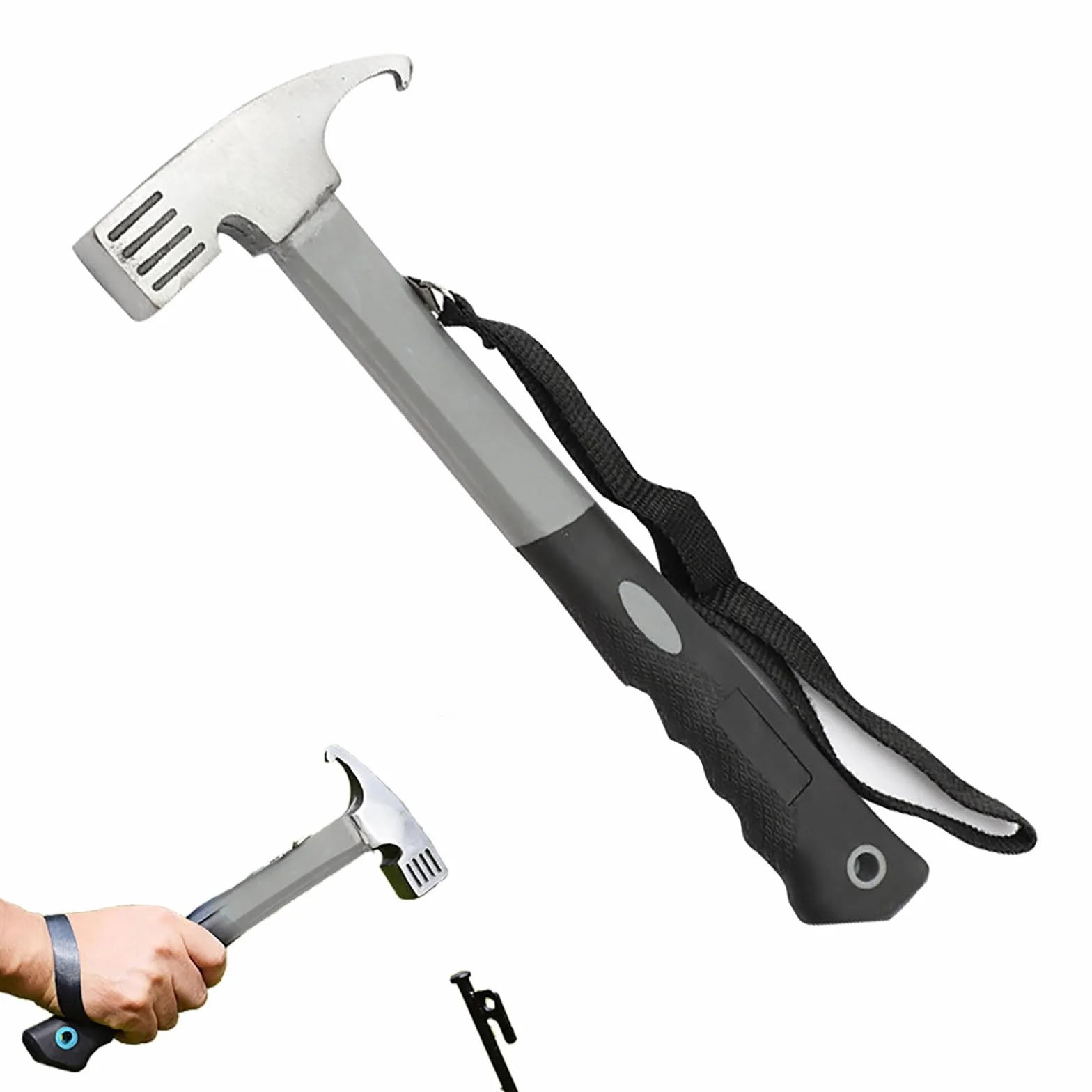 Marteau de camping avec extracteur de piquets de tente, marteau de tente en acier de 30,5 cm, maillet de tente multifonction avec sangle de maintien pour camping, pêche, alpinisme