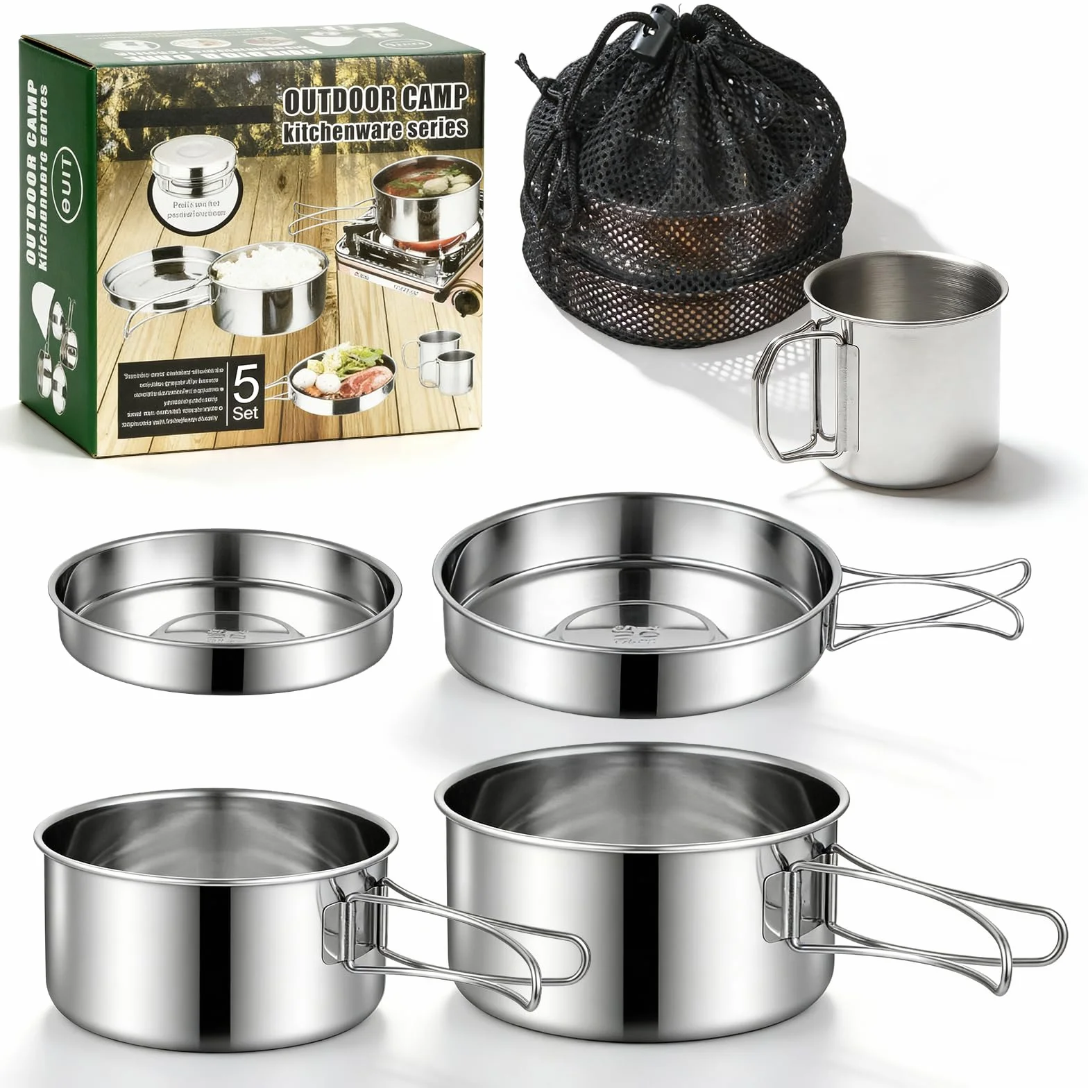 Lot de 5 Batterie de Cuisine de Camping, Kit de Casseroles Camping, Kit de Casseroles de Camping, en Acier Inoxydable avec Sac de Rangement et gobelet Pliable pour 1 à 3 Pique-niques