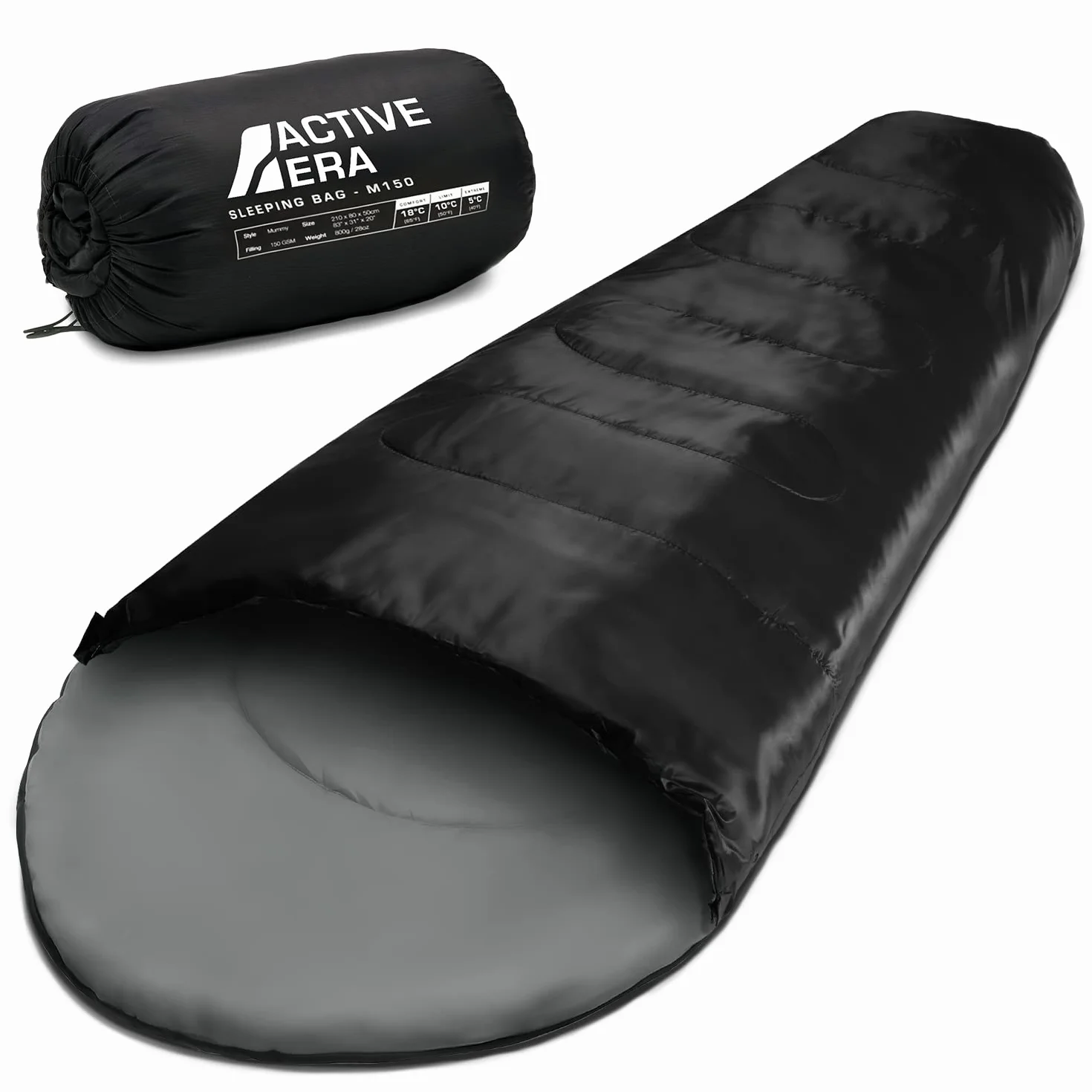 Active Era Sac de Couchage Adulte Ultra léger, Duvet 1 Personne, Sac de Couchage Compact Sarcophage Camping et Randonnée, Voyage, Intérieur ou Extérieur - 150GSM - 10 à 18°C (min5°C) - 210x80x50cm