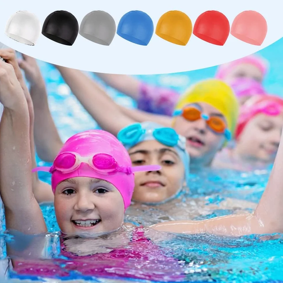 HYCOPROT Bonnet de Bain Enfant 100% Silicone Antidérapant Imperméable Hypoallergénique Élastique Confortable Natation Cheveux Longs Courts