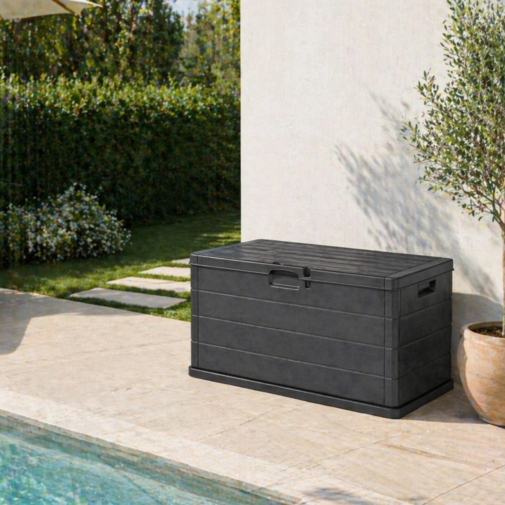 Coffre d'extérieur 340 L effet bois résine anthracite 118 x 59 x 57 cm