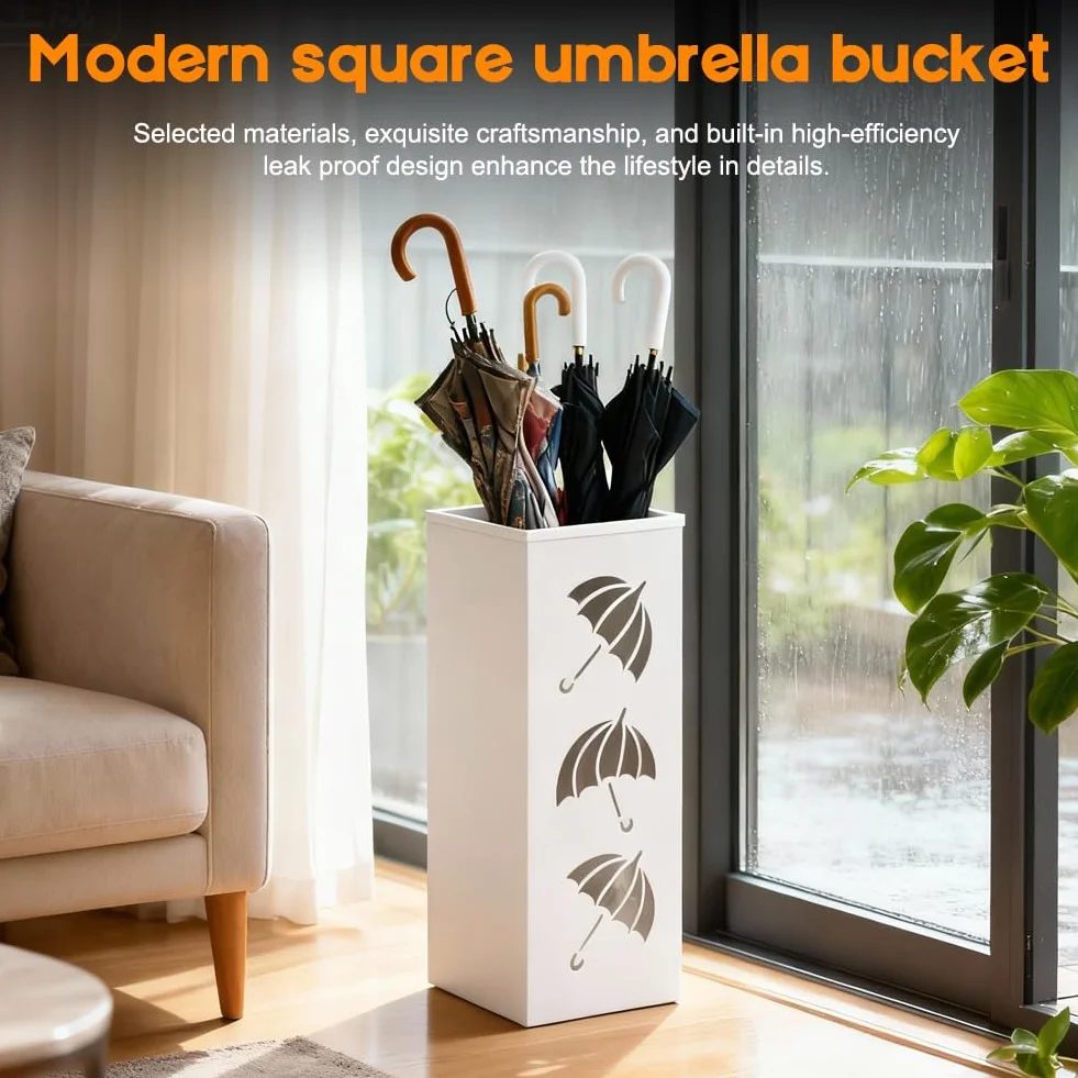 CEWROM Porte-parapluie métal carré étanche antirouille bac égouttement amovible blanc