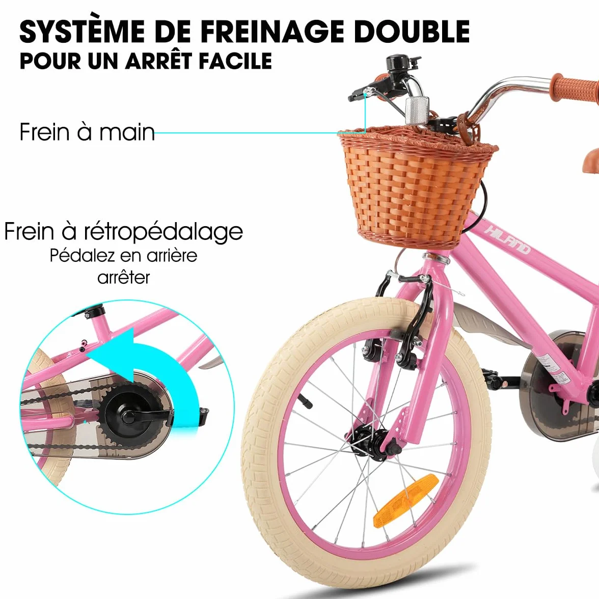 HILAND Vélo Enfant 14/16/18 Pouces pour Fille garçon 3 4 5 6 7 8 9 10 Ans avec Roues stabilisatrices, Frein à Main et Frein à rétropédalage Panier Vert/Rose