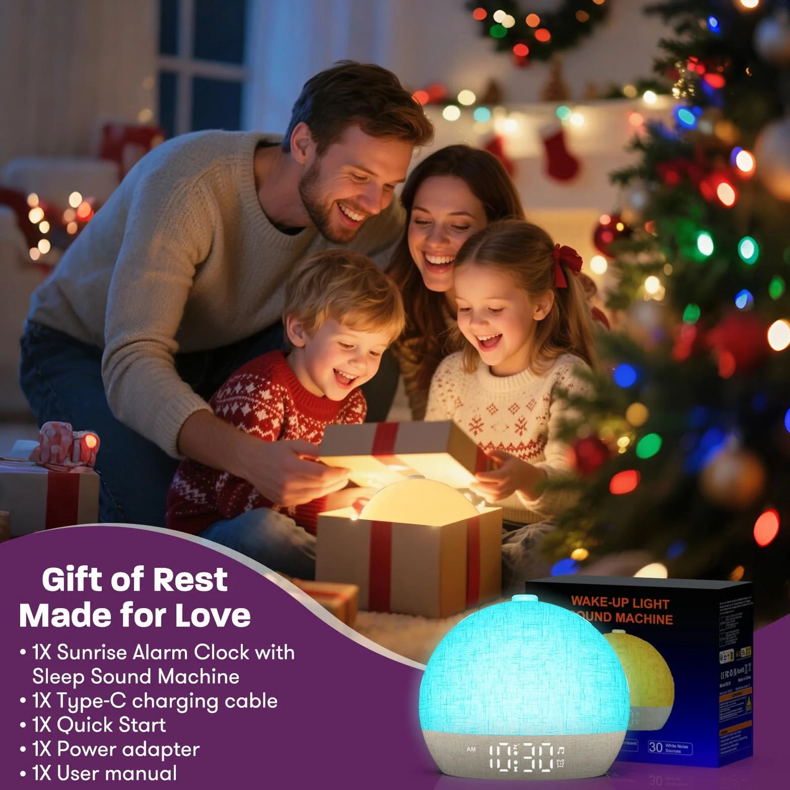 Réveil Lumineux Simulateur d'Aube, 20 Niveaux Luminosité, 30 Sons Naturels, 12 Couleurs, Veilleuse pour Enfant/Adulte