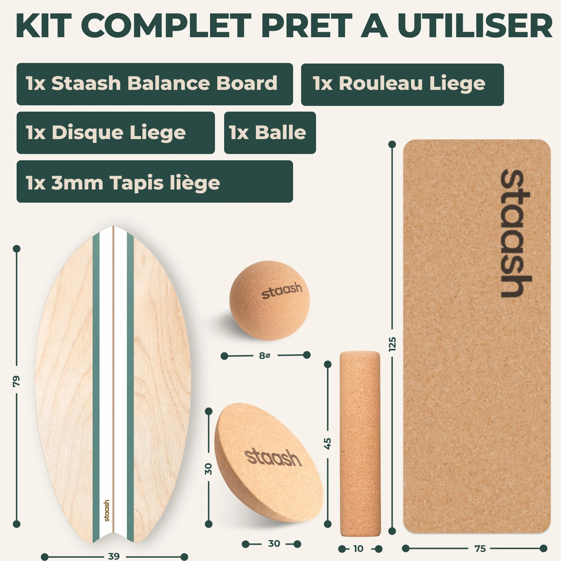 STAASH Balance Board en Bois Premium – Planche d'Équilibre Antidérapante avec Rouleau en Liège pour Surf, Fitness, Yoga et Rééducation