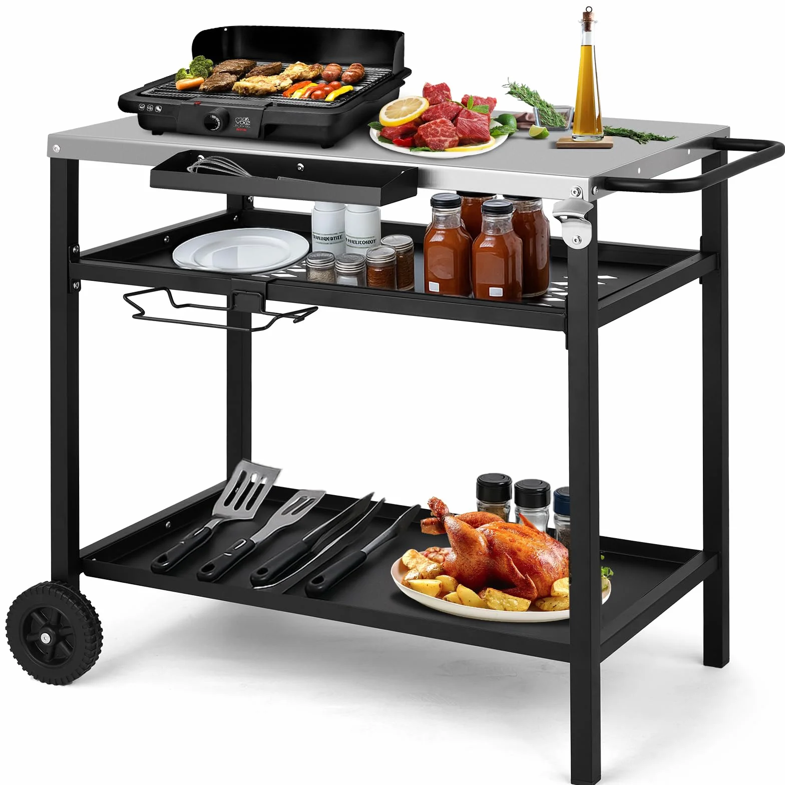 Desserte à roulettes Chariot de Barbecue Mobile 3 Niveaux 97x51x83 cm Acier Inoxydable