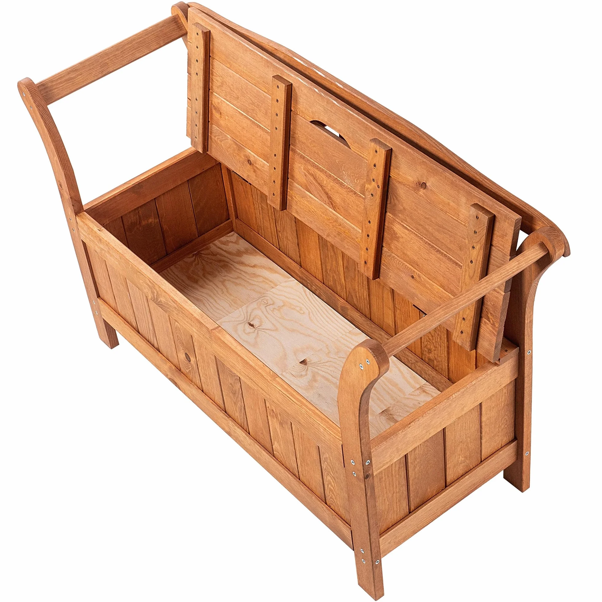 KADAX Banc de Jardin 119x43x75 cm Panneau de Fibres de Bois avec Rangement Dossier Résistant aux intempéries Chêne doré