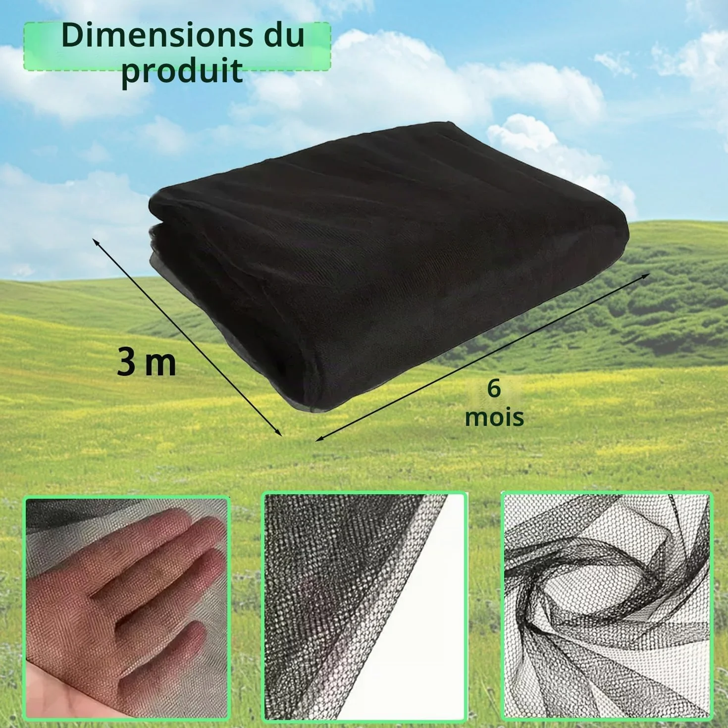 Moustiquaire Tonnelle Extérieure, 3 m x 6 m, Noir, Protection Anti-Insectes pour Pergola, Patio, Terrasse et Jardin