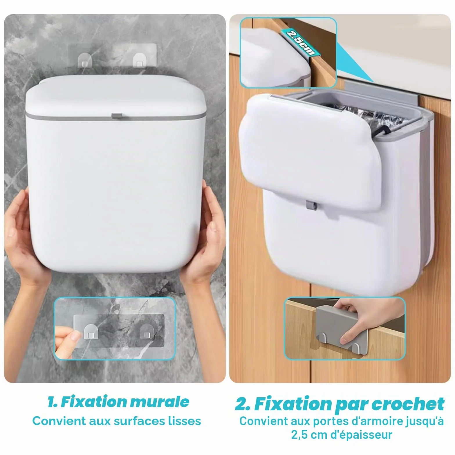 Poubelle de Cuisine Suspendue Pliable 10L Étanche avec Couvercle PP+TPA