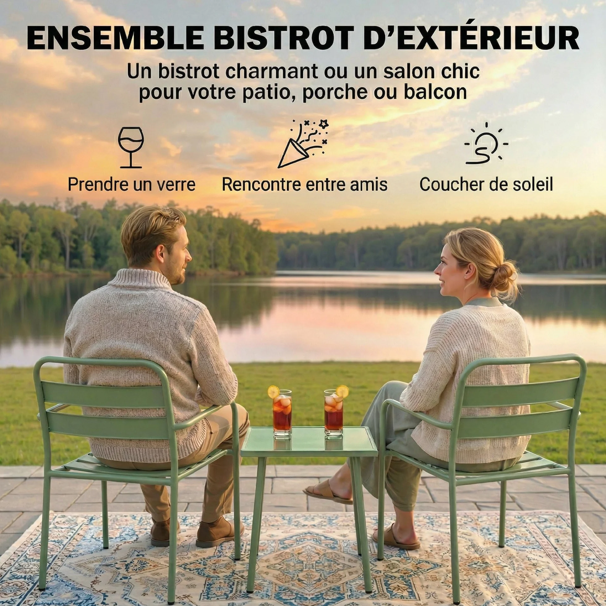 Outsunny Ensemble Bistrot de Jardin 3 Pièces - Table Basse en Verre Trempé et 2 Chaises à Lattes, Acier Galvanisé Antirouille - Mobilier de Jardin Chic, Vert