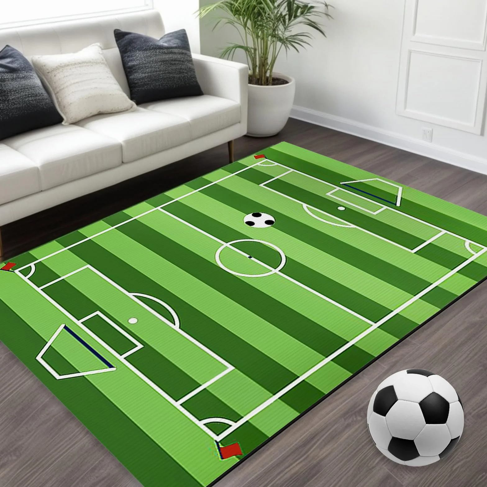 Tapis Chambre Enfant 80x120 CM Football Lavable Anti Derapant Vert