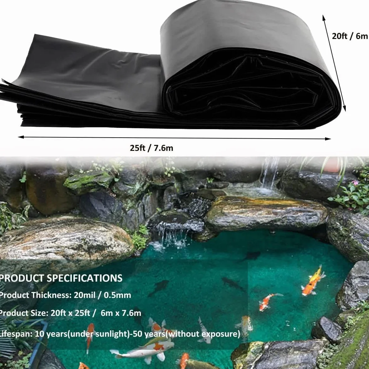 Bâche de Bassin Grand Bassin à Poissons Piscines Membrane Renforcée LLDPE Noir 7.6m x 6m