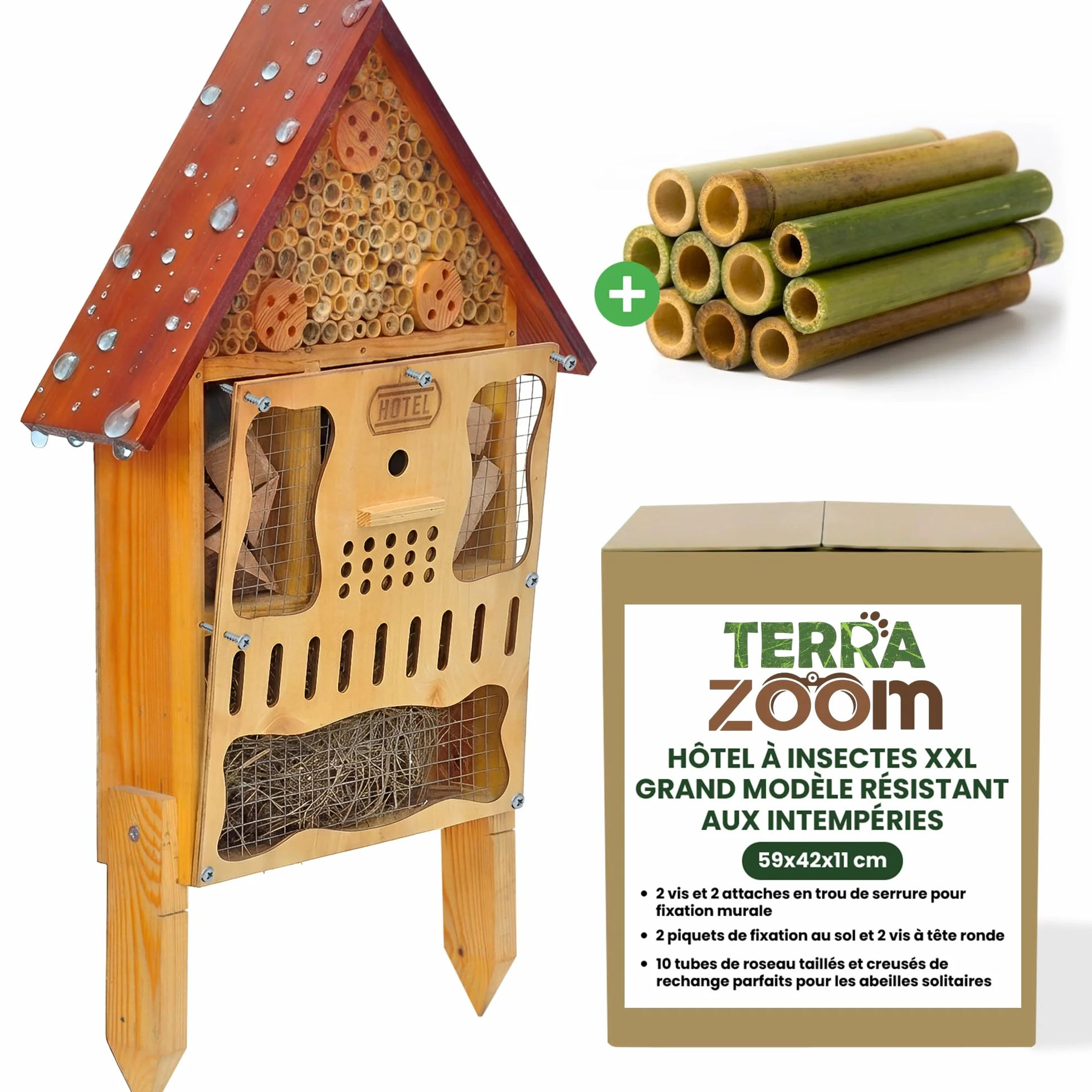 Grand hôtel à insectes XXL en bois résistant aux intempéries – Hôtel à abeilles avec piquet de sol, suspendre ou poser