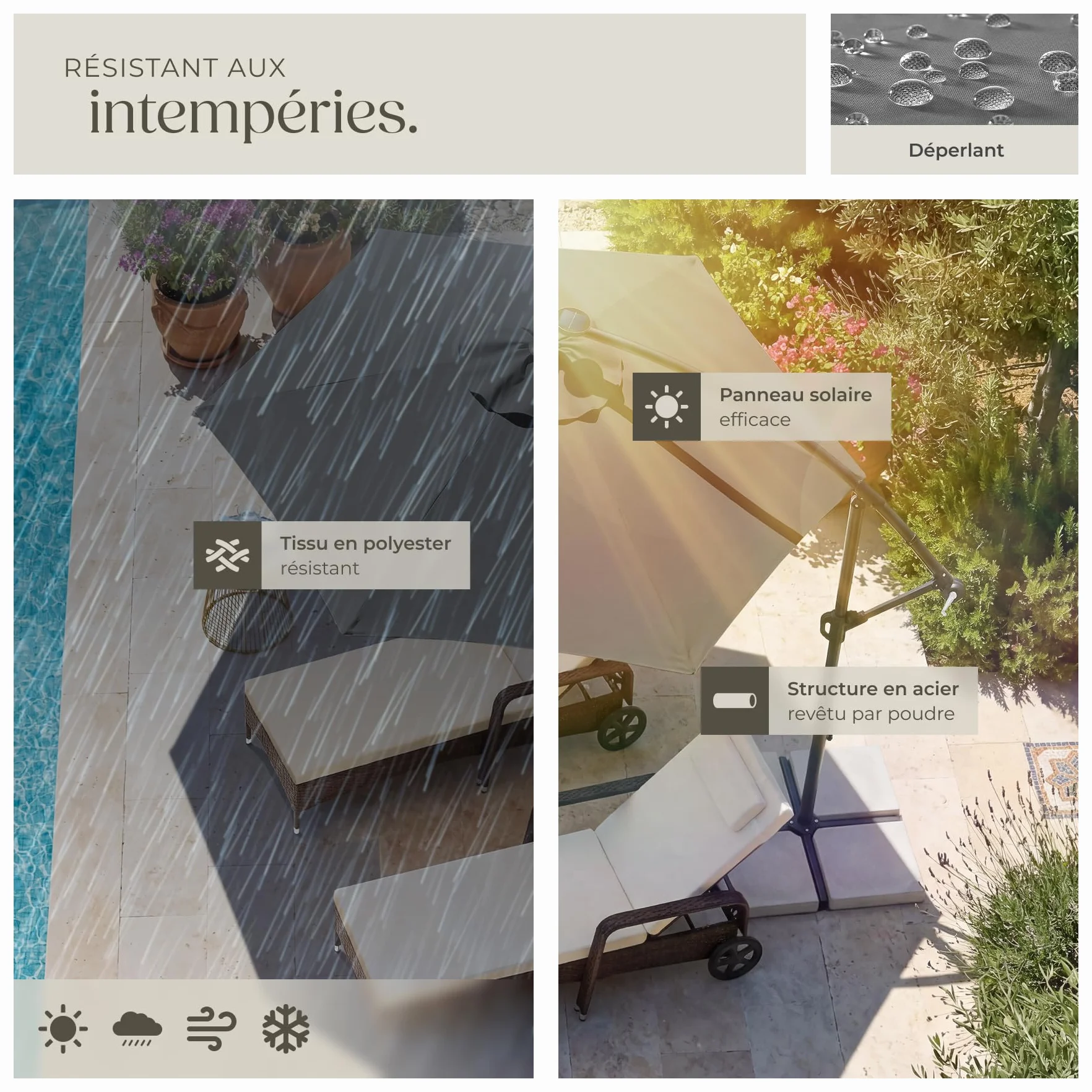 Tectake Parasol déporté 3,5 x 3,5 m avec Éclairage LED Pivotant 360° Inclinable UV 50+ Panneau solaire Jardin Terrasse
