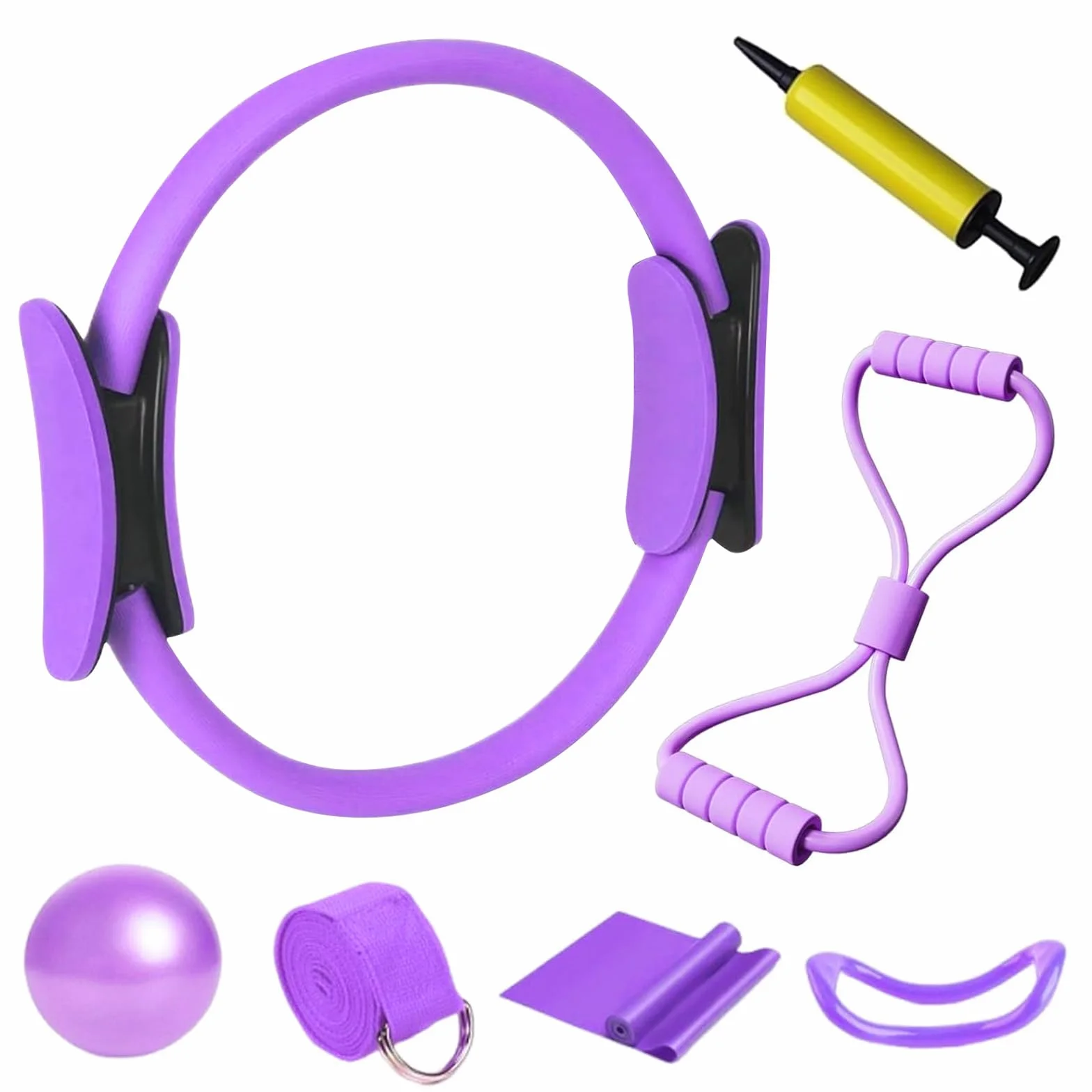 7 Pièces Kit Pilates Maison Accessoire Pilates Femme Kit: Yoga Ball, Resistance Bands, Pilate Ring, Yoga Band, Pompe à air pour l'Entraînement à Domicile et en Studio
