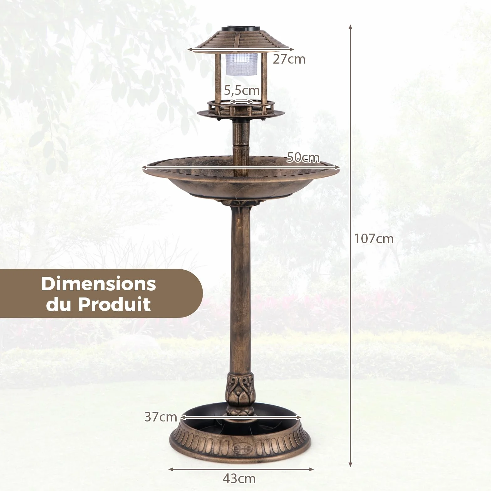 COSTWAY Bain d'oiseaux 3 en 1 Solaire, Décoration Extérieur Pied Rétro Éclairé Lampe Jardinière Mangeoire Abreuvoir Oiseaux Jardin Bronze