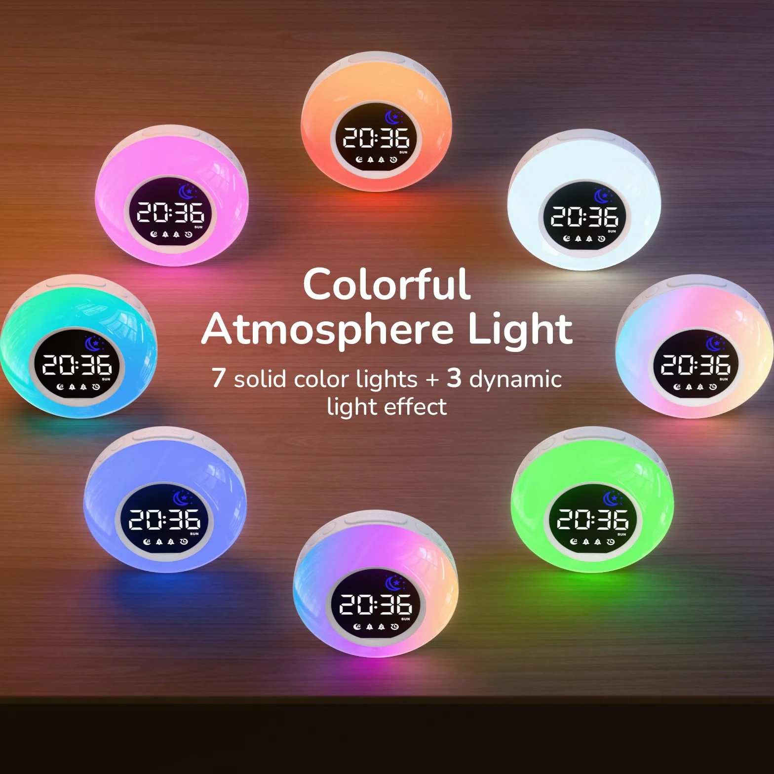 Réveil Enfant Lumineux LED RGB avec Veilleuse, Double Alarme, Minuteur, 12/24H, Adaptateur Inclus